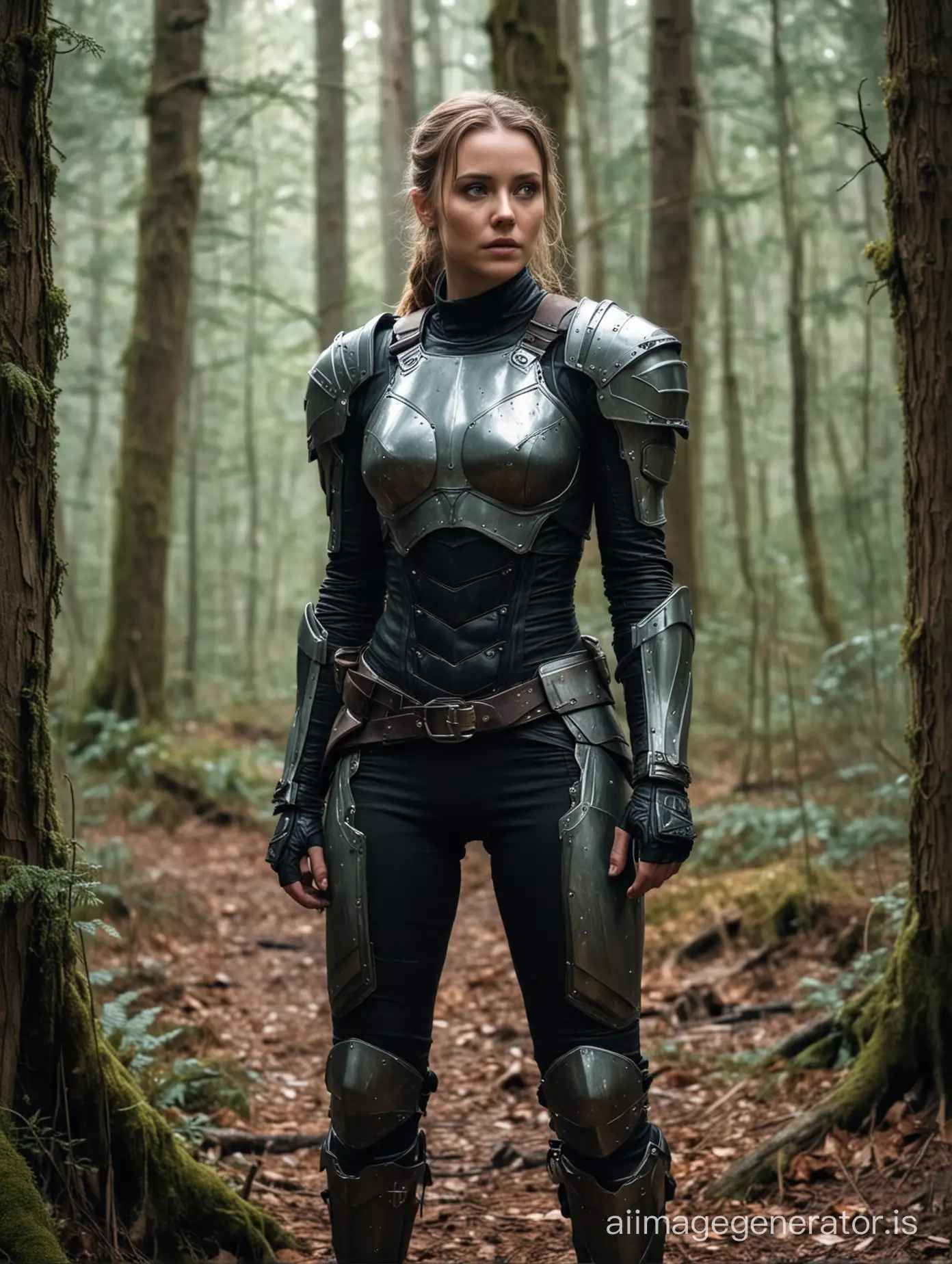 combining sci-fi and tolkien-like fantasy: The fighter, standing, exhausted, in the woods. Her skimpy, enhanced, armor dirty. Her slain foes laying around her
