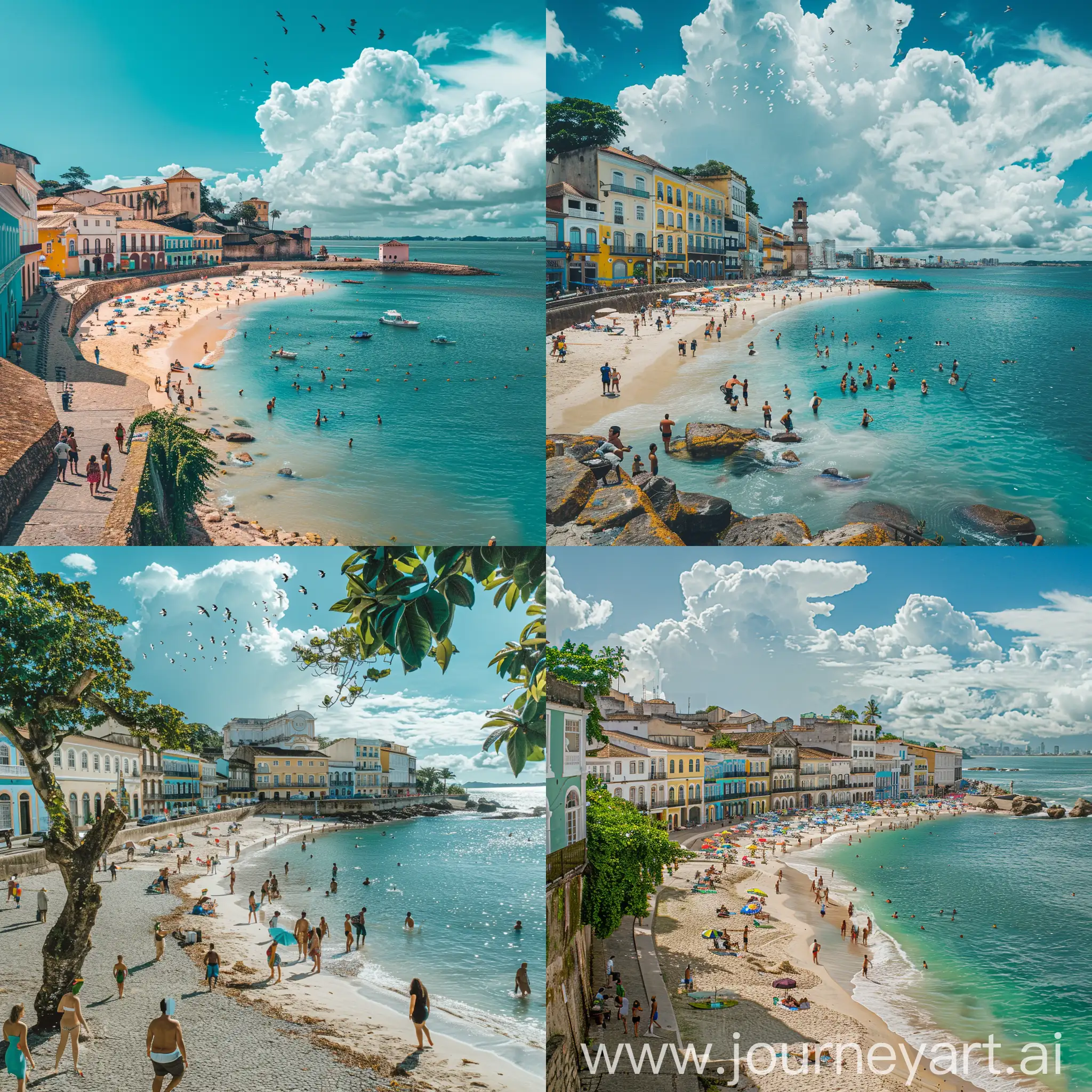 create an image with artificial intelligence of Pelourinho in Salvador Bahia, in high definition, lots of colors, people and beach