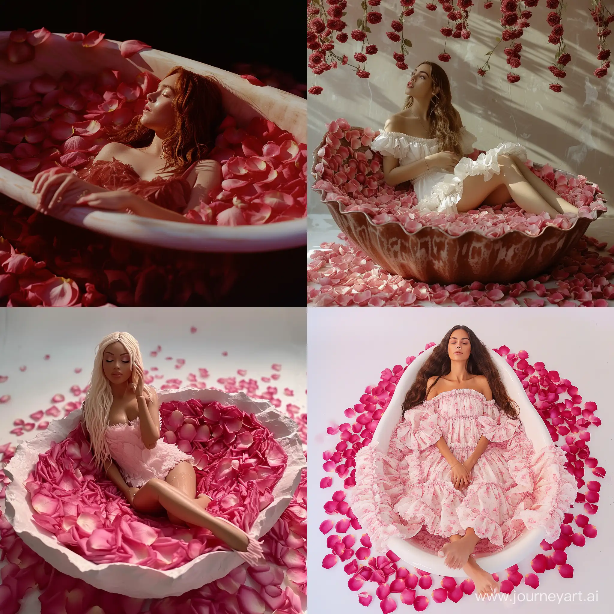 model that doesn't exist in real life in a rose petal bath tub