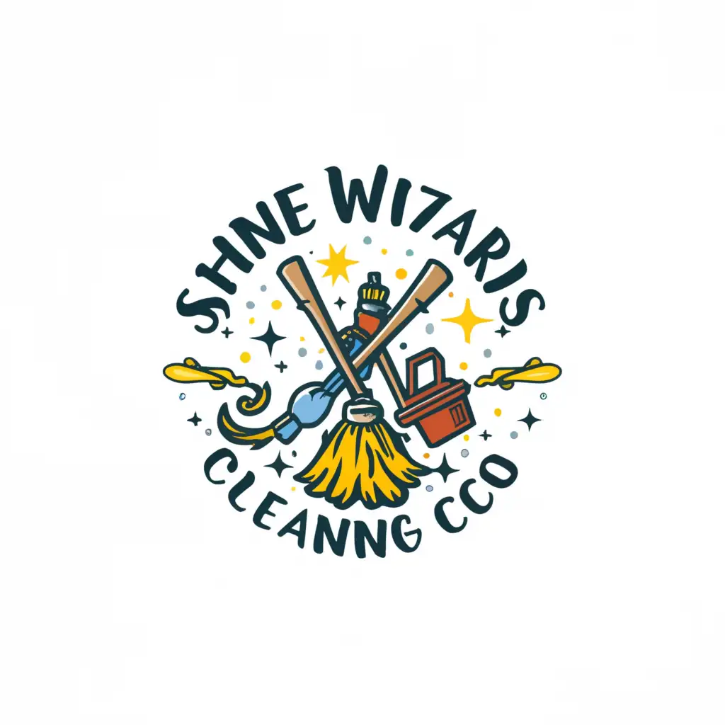 a logo design,with the text "Shine Wizards Cleaning Co", main symbol:Broom, maid vacuum, cleaning solutions etc,Moderate,clear background