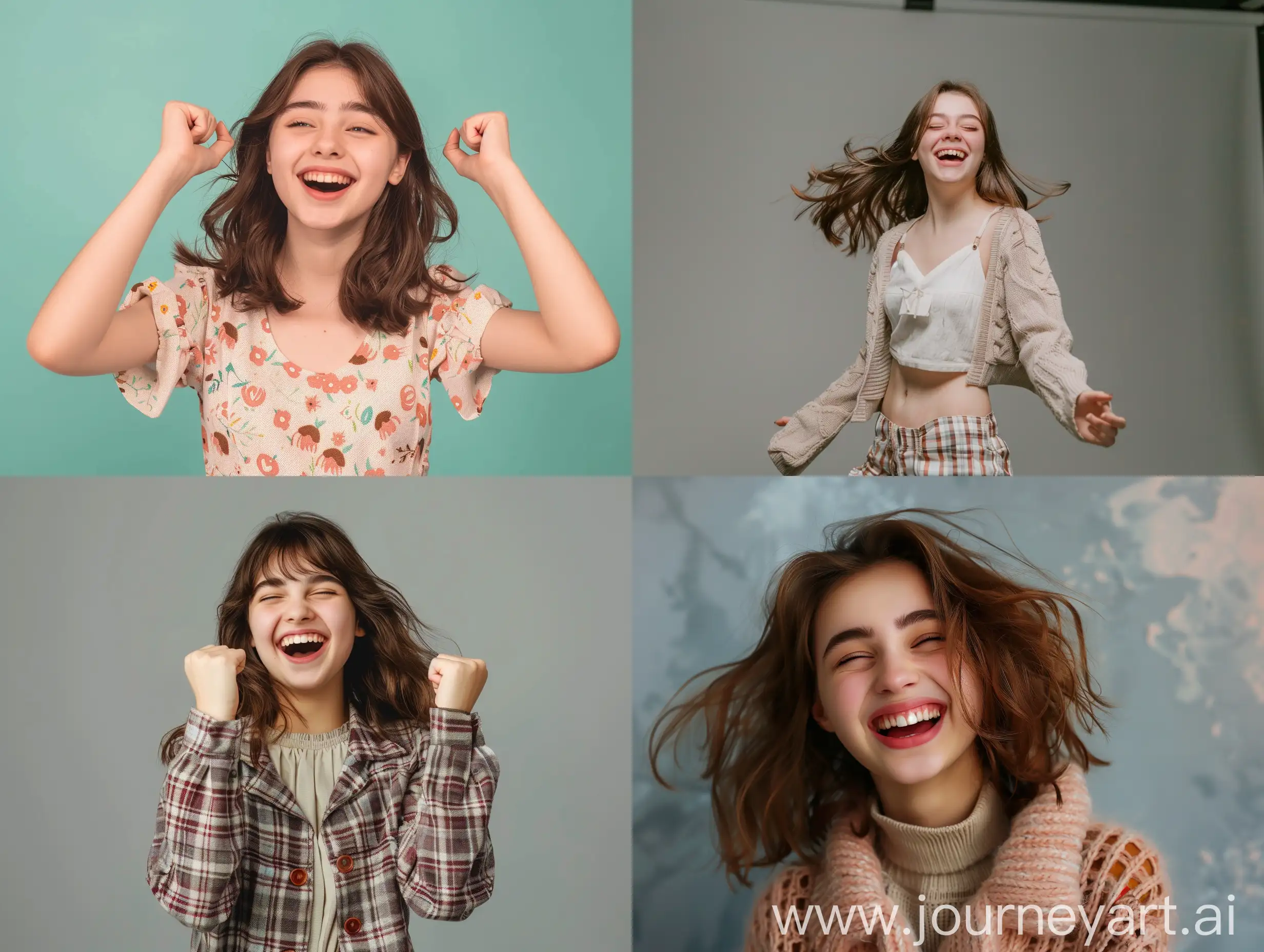 aesthetic studio photo, university girl, brown hair, cute clothes, showing joy, studio background 