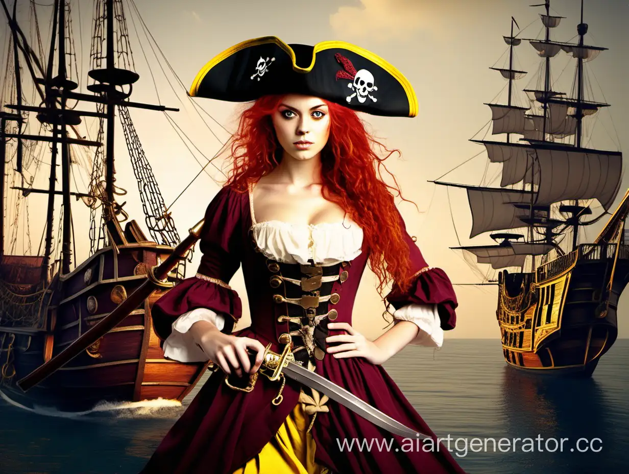Молодая девушка, пиратка, с красными собранными волосами, жёлтые глаза, светлая кожа, в бардовом платье эпохи возрождения с короткой юбкой, в пиратской шляпе с жёлтым пером, в правой руке шпага, в левой руке золотой револьвер, в белых колготках, в тёмных сапогах, на фоне пиратского корабля