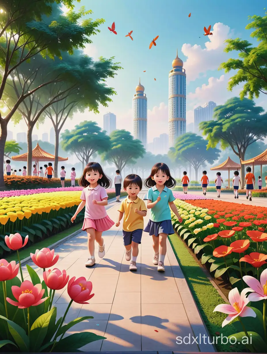 Scene illustration of 5 children doing activities in the Flower Park in Nanning City.