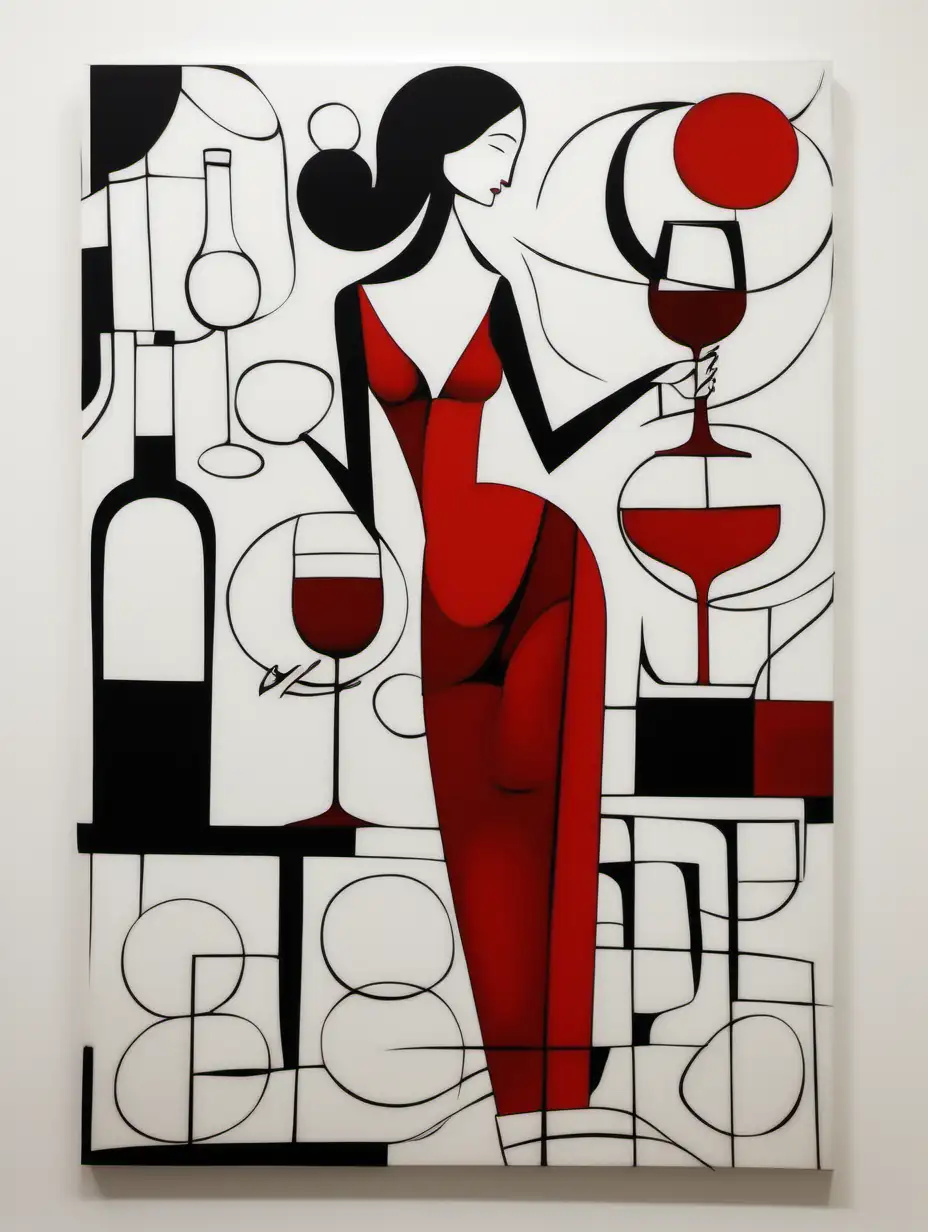 Contemporary Art Elegant Lady with Wine in Minimalistic Style