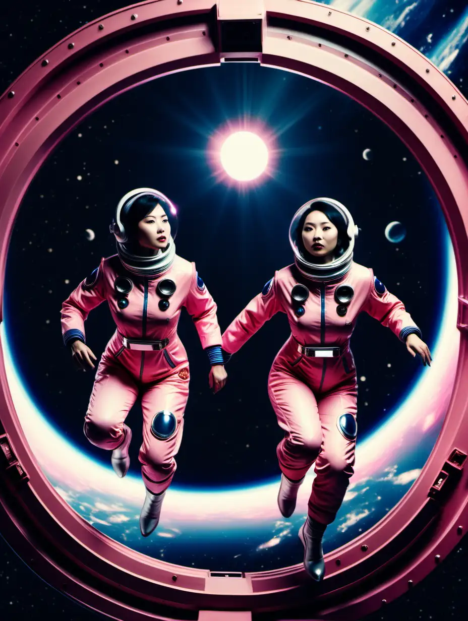 two chinese women wearing classy retro space suits flying through space portals, cinematic, dark blue and pink, 35 mm
