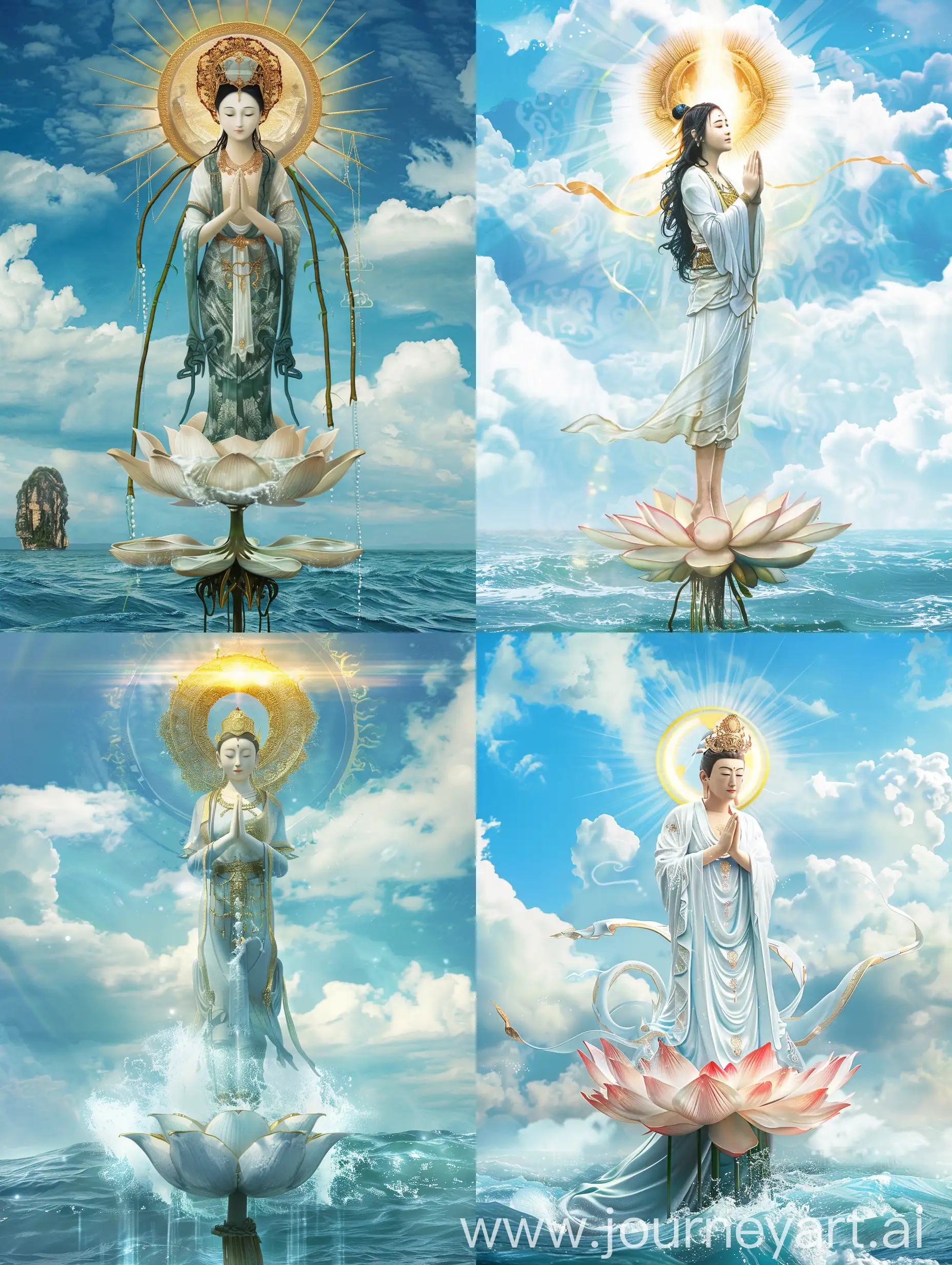 头后圆圈金色佛光的观世音菩萨，站在附在海面的莲花上，双手合十，背后蓝天白云，