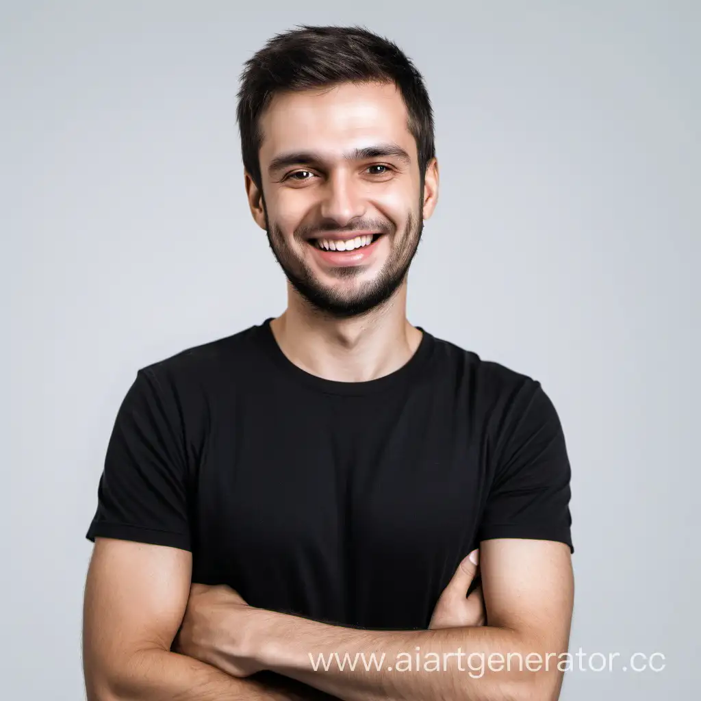 мужчина с щетиной в черной футболке  улыбается на белом фоне поясной портрет