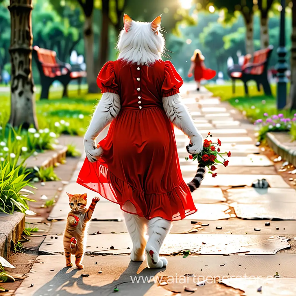 Кошка красивая ,белая ,в красном платье идут гуляют в парке с котом держатся за лапы как люди