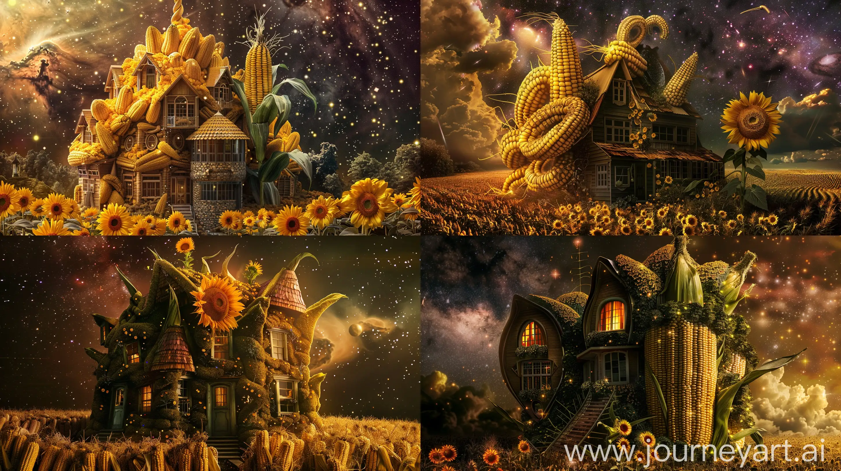 big house in the shape of corn and sunflower, in the galaxy, fantasy style, realistic --ar 16:9