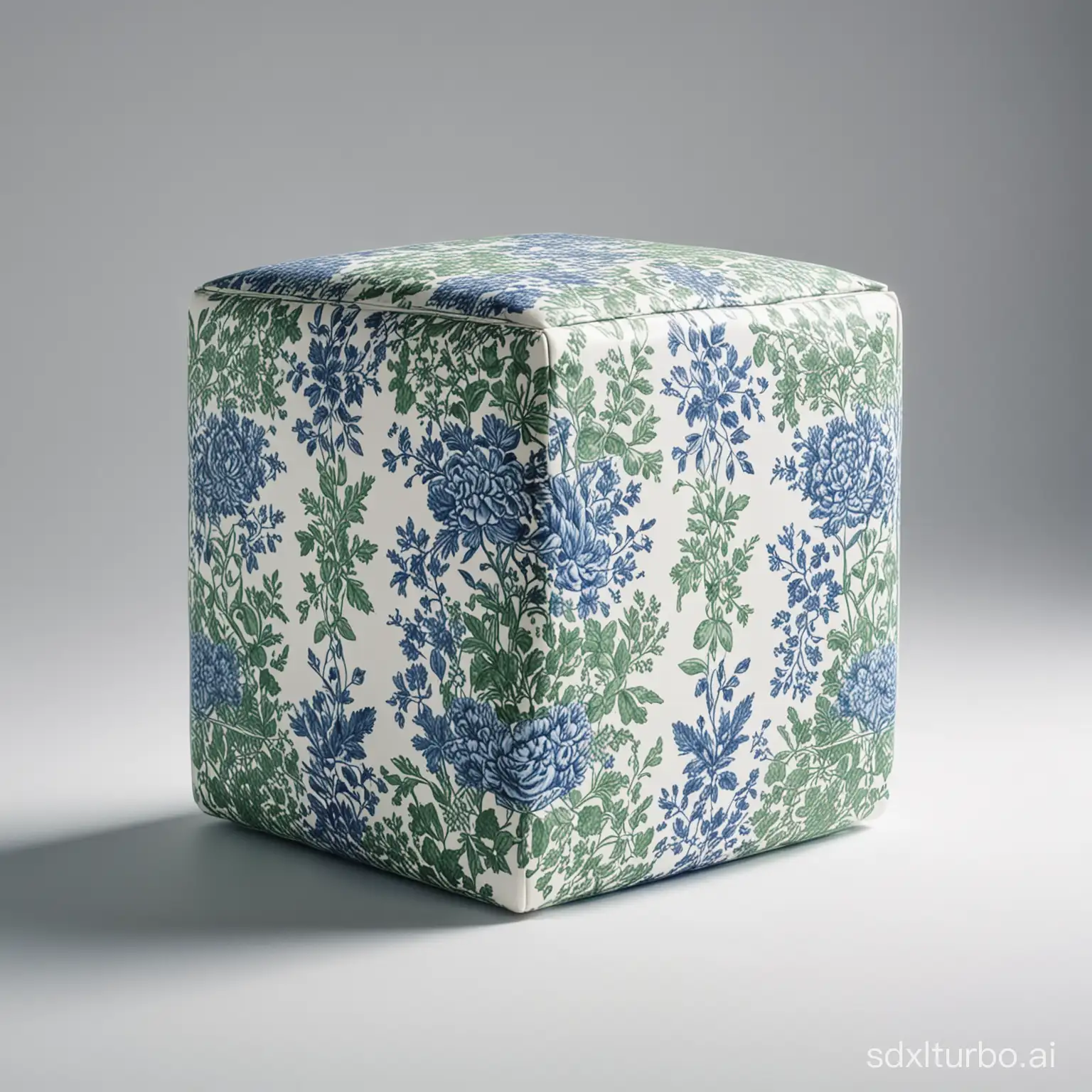 [product photography, a cube, diffused lighting, white background], tiled, covered entirely in Toile, green, blue