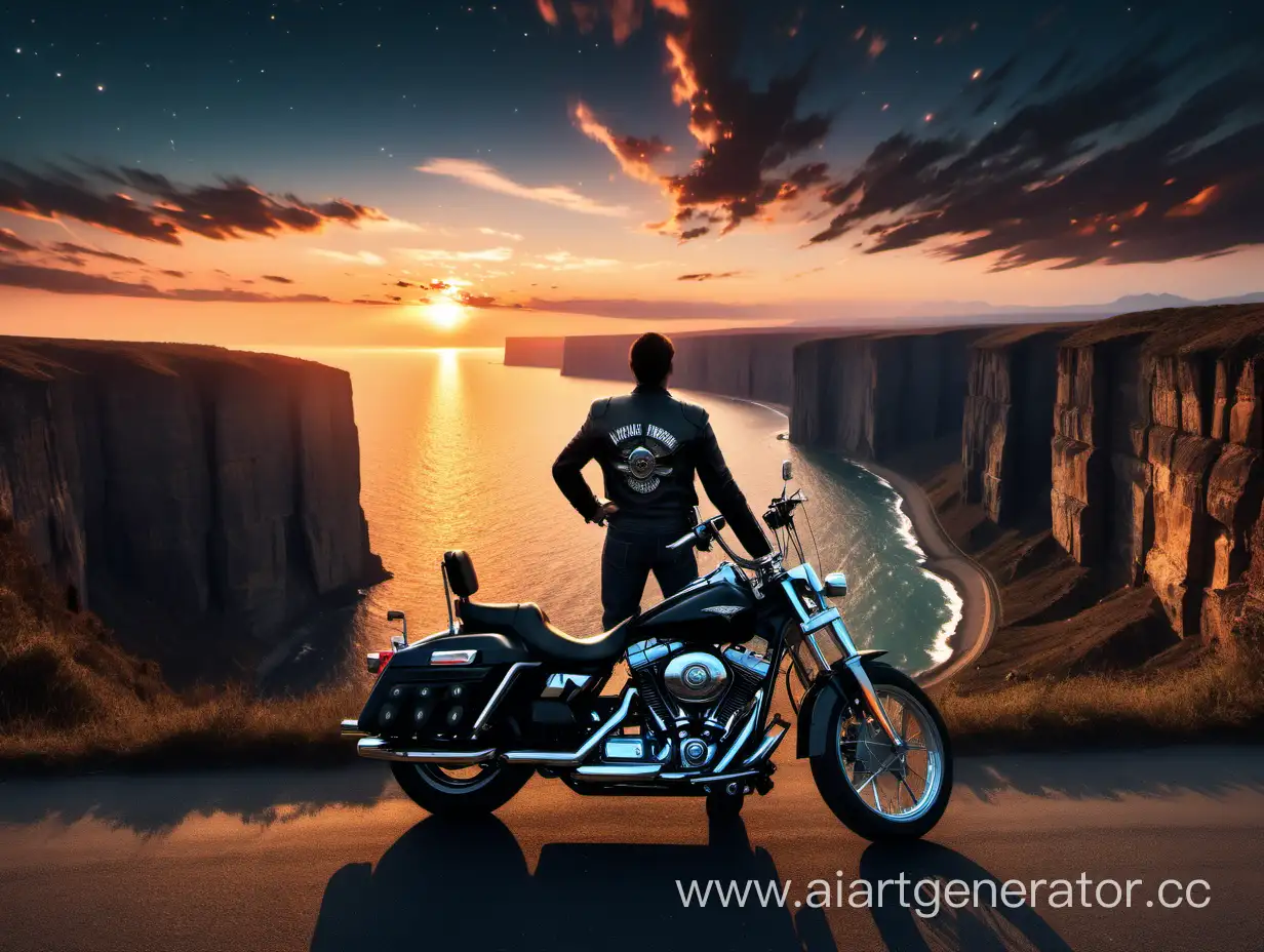 Biker-Contemplating-Sunset-on-Harley-Davidson-at-Earths-Edge