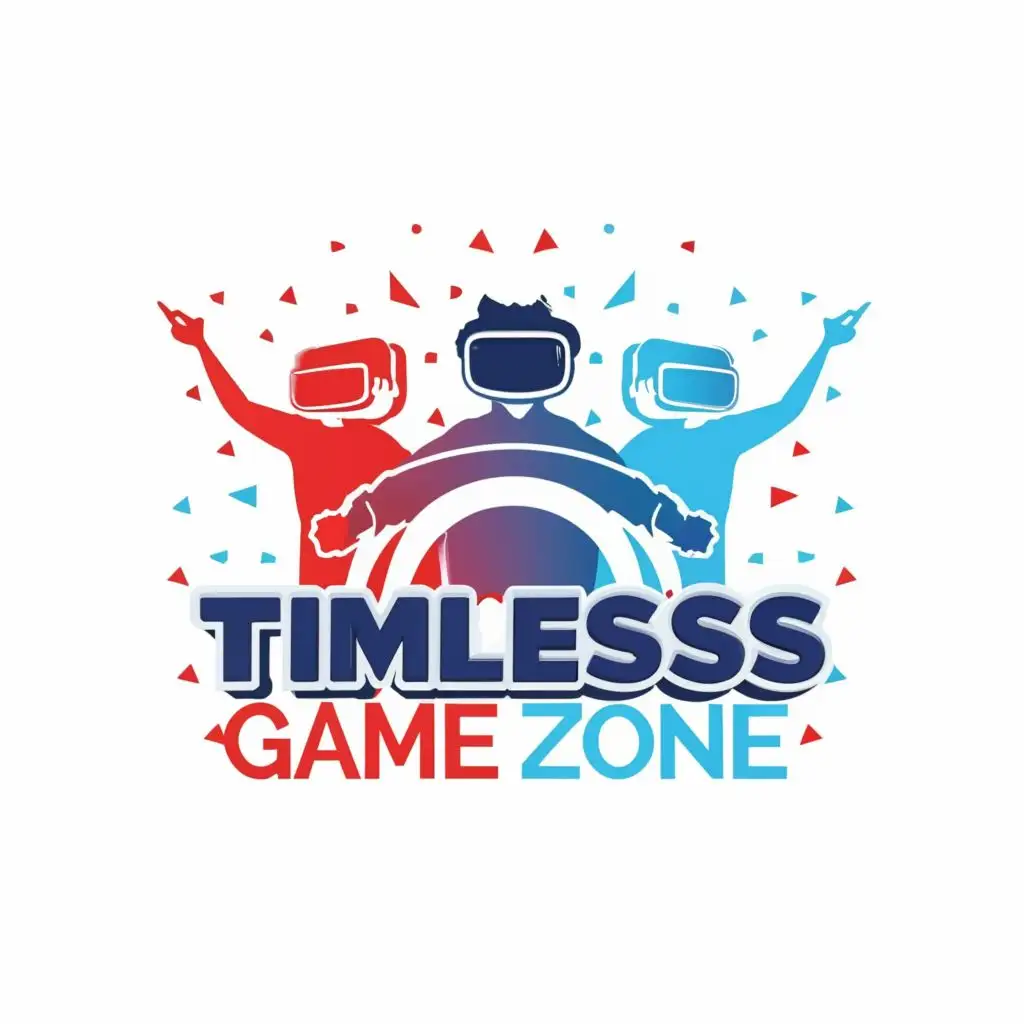 logo, Young People driving virtual vehicles 
(colours ,white, red and blue 
Young People enjoying the VR. , with the text "Timeless Game Zone,   acronymn TMG", typography, be used in Entertainment industry
