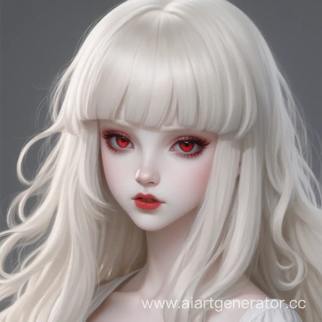 albino, white long hair, waist-length and wavy, bangs nicely cut, red eyes, thick white eyelashes, pale skin, straight nose, plump scarlet lips, V-shaped face, harelip and doll-like appearance, medium bosom, big hips.