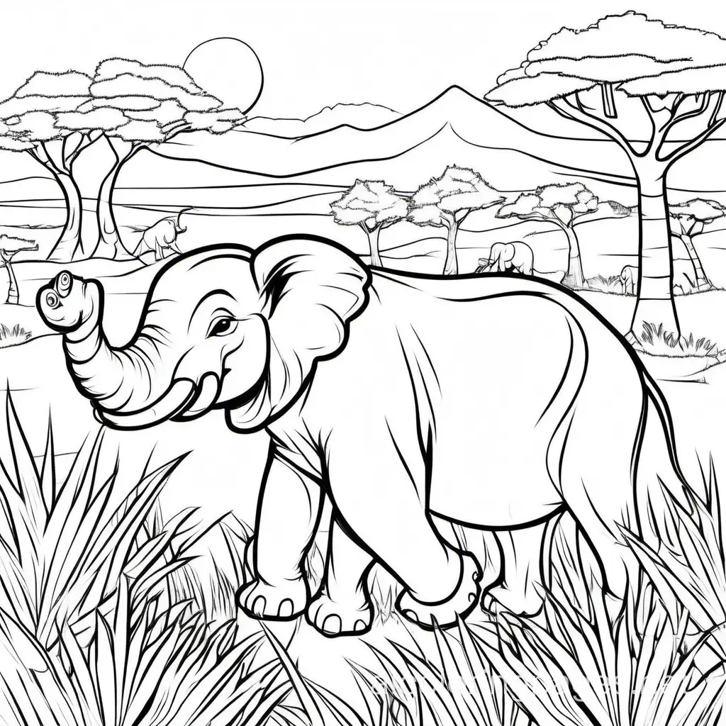 10 Safari animals in action, coloring book page, clear thick outlines, savanna background, –no complex patterns, shading, color, sketch, color, Coloring Page, black and white, line art, white background, Simplicity, Ample White Space. The background of the coloring page is plain white to make it easy for young children to color within the lines. The outlines of all the subjects are easy to distinguish, making it simple for kids to color without too much difficulty