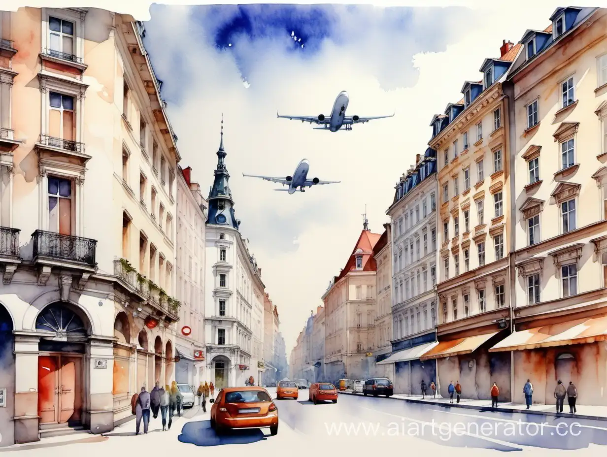 urban landscape . European architecture . three planes. busy street. watercolor painting