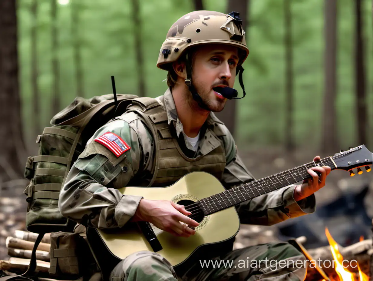 ryan gosling, wearing modern combat helmet, military plate carrier, woodland camouflage uniform, playing wooden guitar, singing, sitting near campfire