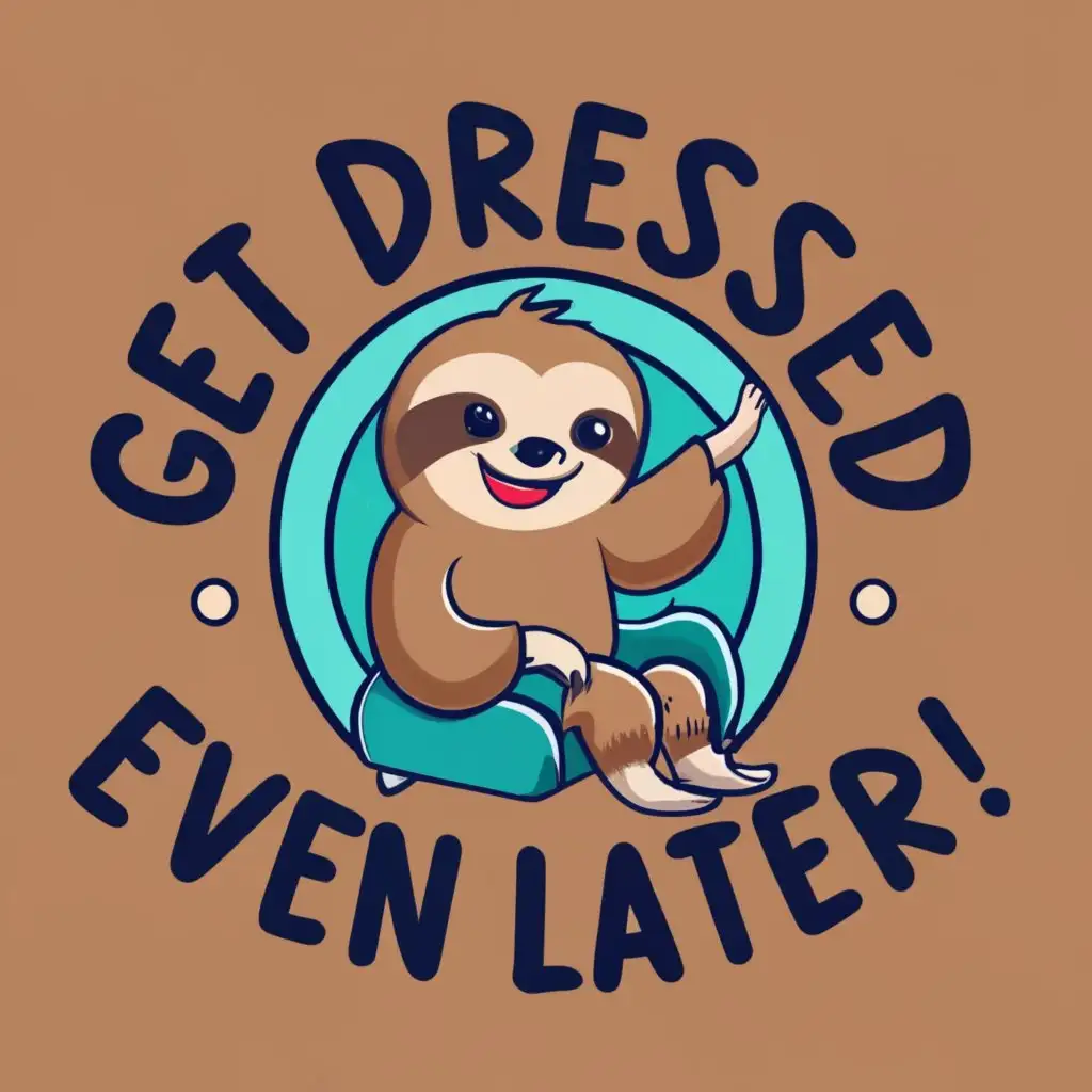 logo, The sloth is getting dressed, with the text "Get dressed quickly and be even later!", typography, be used in Entertainment industry