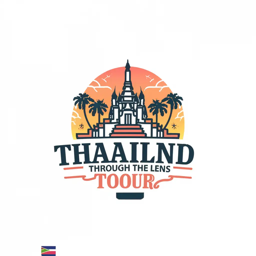 a logo design,with the text "Thailand through the lens", main symbol:Make a modern, youthful and beautiful logo in delicate tones for the Thailand through the lens tour. Write the name of the tour "Thailand through the lens" on the picture, depict the sea and the beach, the city of Bangkok, a movie camera, people swimming on boats. The sun and islands are everywhere.,Moderate,be used in Travel industry,clear background