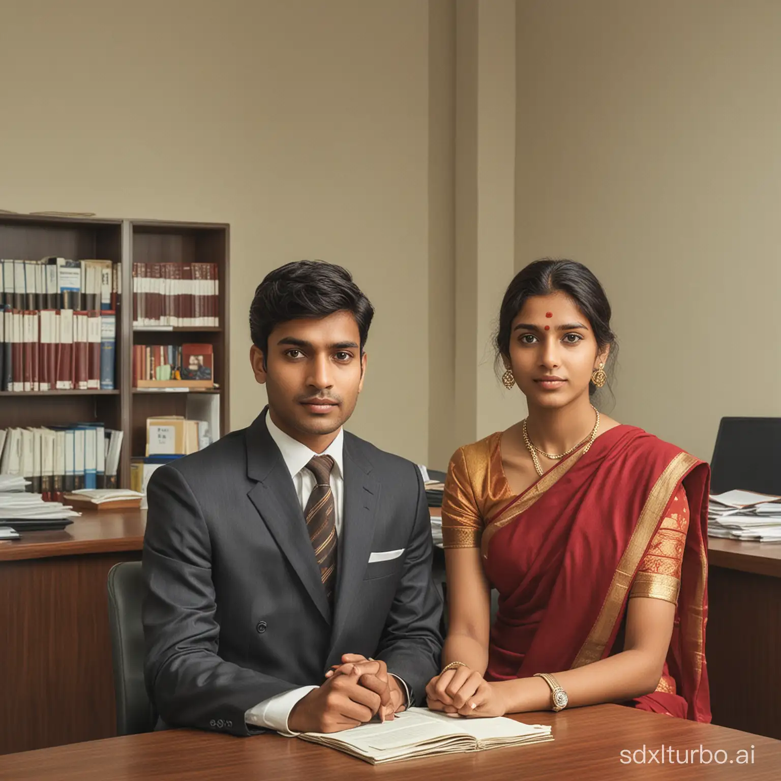 a young indian man and a young indian lady sitting in a bank office