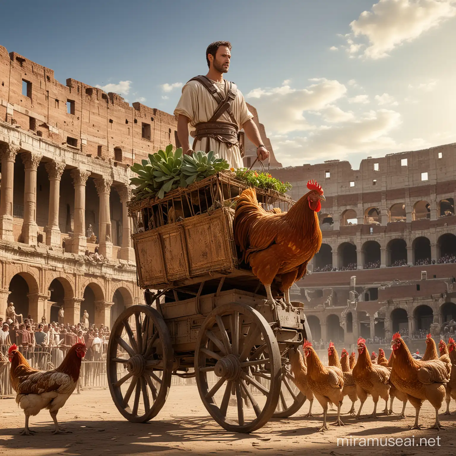 Imagine a scene in the ancient Roman Coliseum: Ben-Hur stands proudly on a chariot, being pulled by giant chickens. He holds a succulent rotisserie chicken. The grandeur of the Coliseum surrounds this unique and intriguing spectacle."
