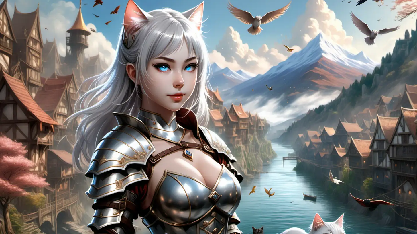ultra detail, 8K resolution, portrait of a nekomimi beauty with a resemblance to Riley Reid with silver hair, sky blue eyes, fair skin, medium bust, plate armor on the right side of the image overlooking a mystical fantasy world setting, floating islands, mountains, Forests, birds, river, medieval village 