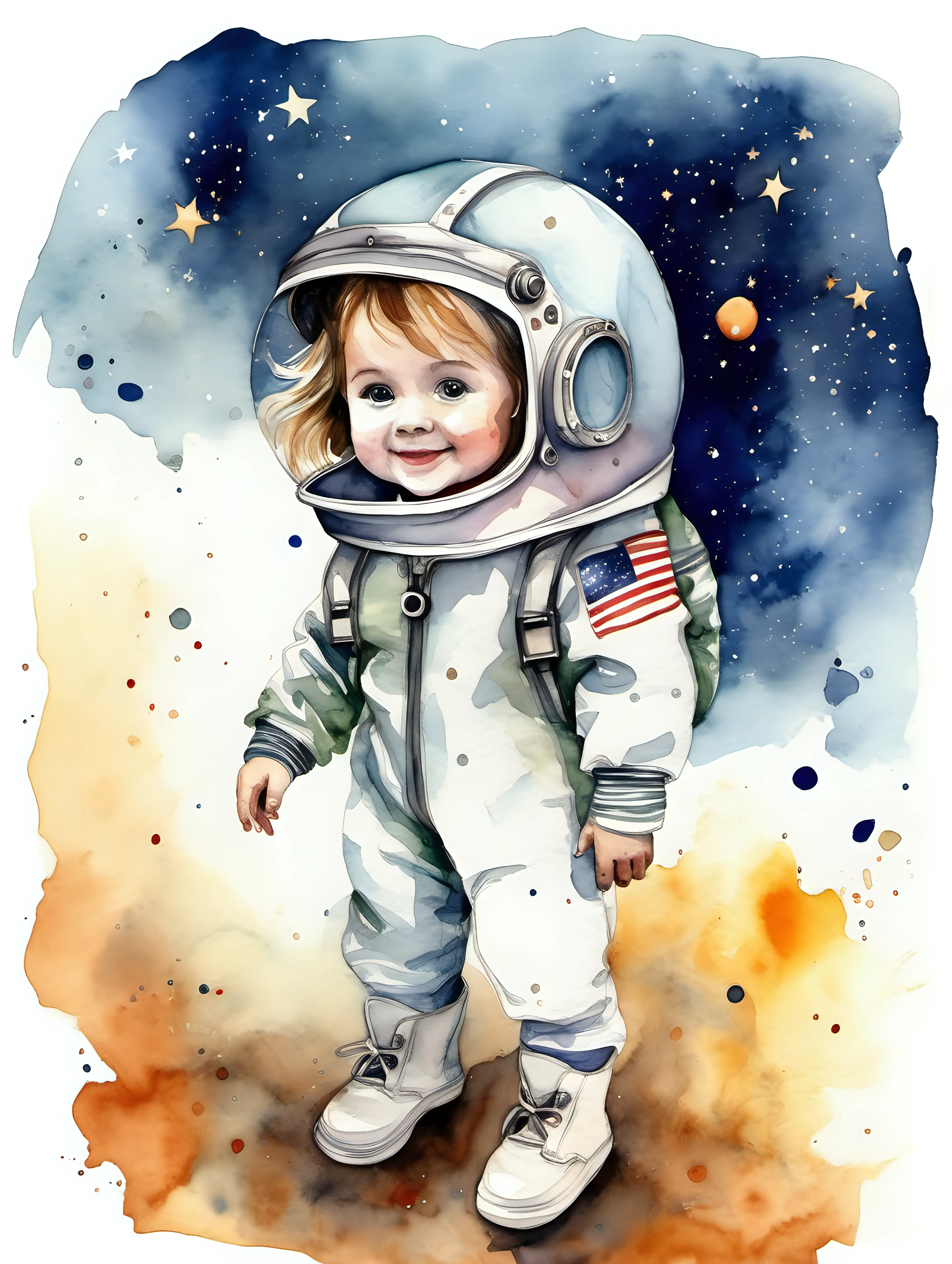 Adorable little girl dressed like an astronaut holding helmet, watercolour