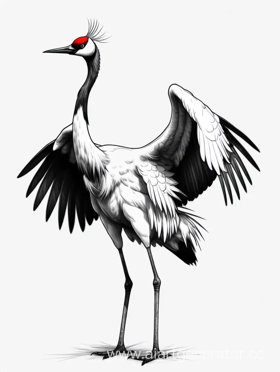 Realistic-Black-and-White-Sketch-of-RedCrowned-Crane-on-White-Background-in-4K-HD