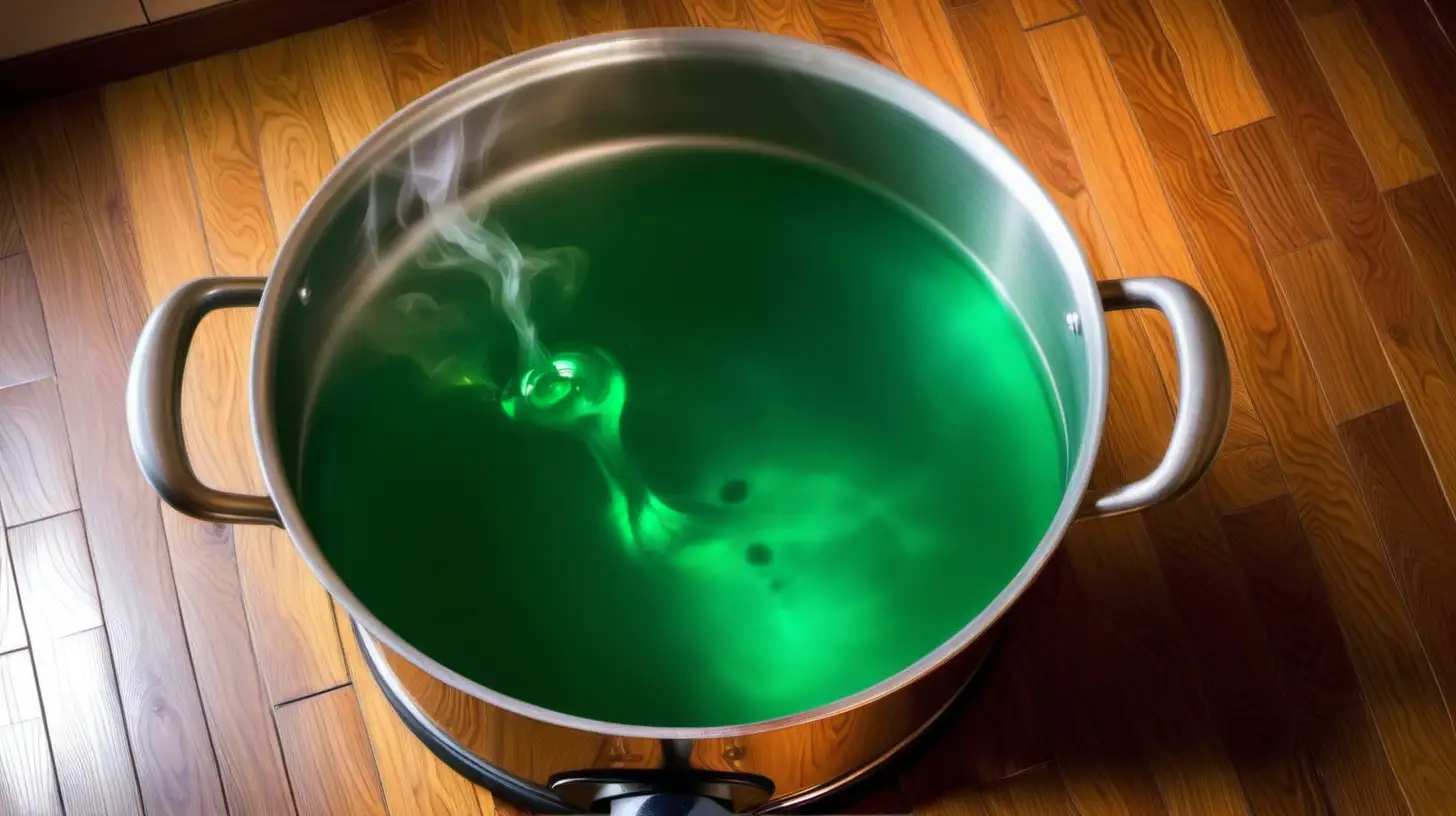 boiling green water on boiling pot on wood floor