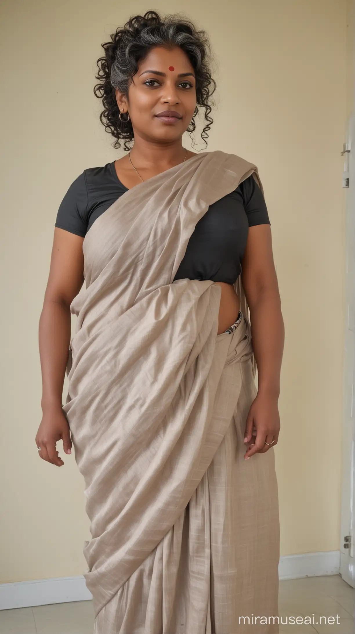 A 53 year old black fat woman with small eyes, small nose, wide lips, weak chin and long curly grey hair with a bun at the back wearing a saree who is 8 months pregnant and standing in the doctor's clinic with her large belly