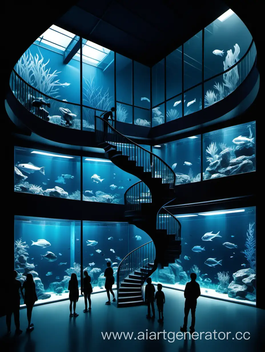 Нарисуй здание океанариума изнутри, с чёрными стенами, лестницей на второй этаж, животными в аквариумах с голубой подцветкой, людей которые  смотрят на животных
