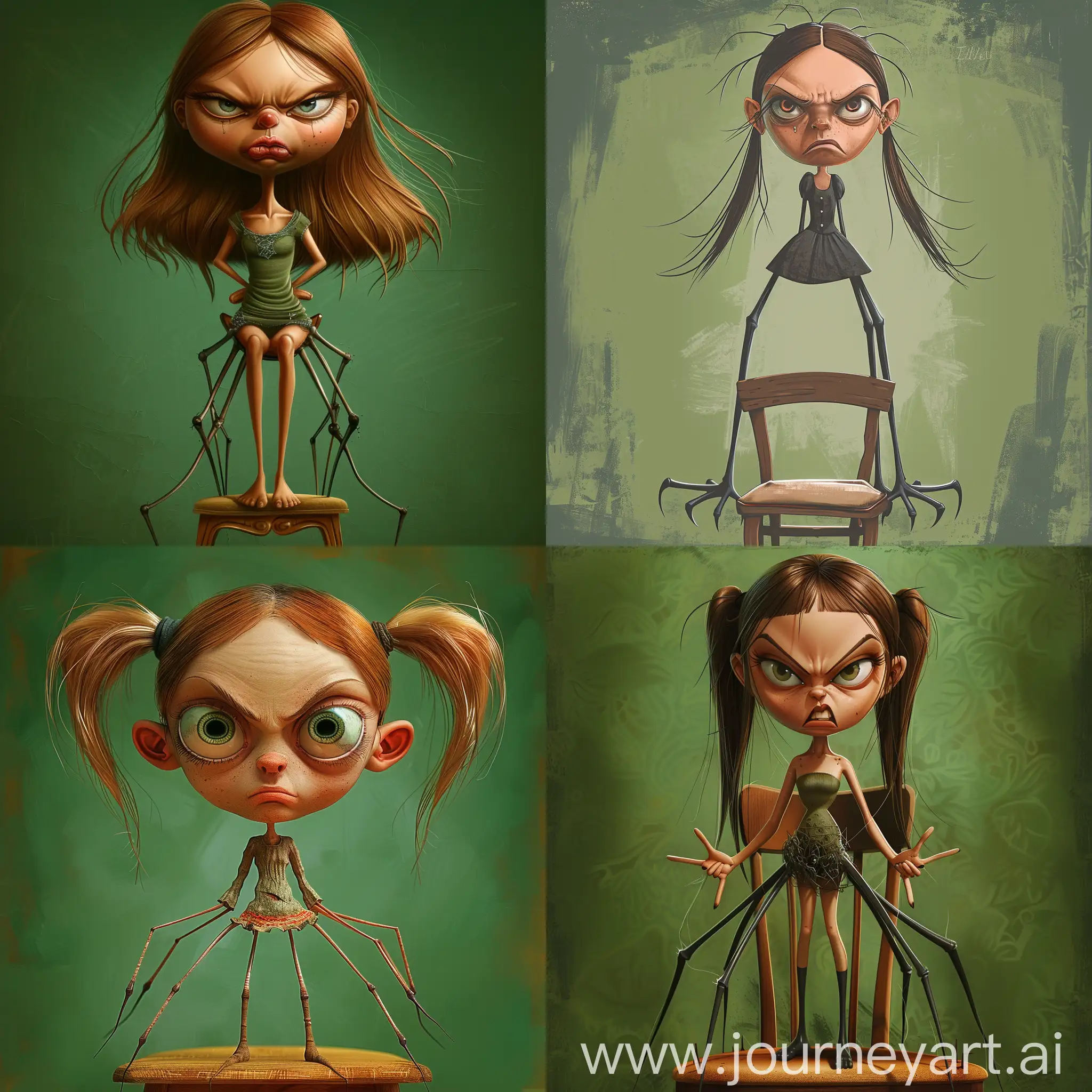 Angry-Funny-Skinny-Spider-Girl-Standing-on-Chair-with-Green-Background