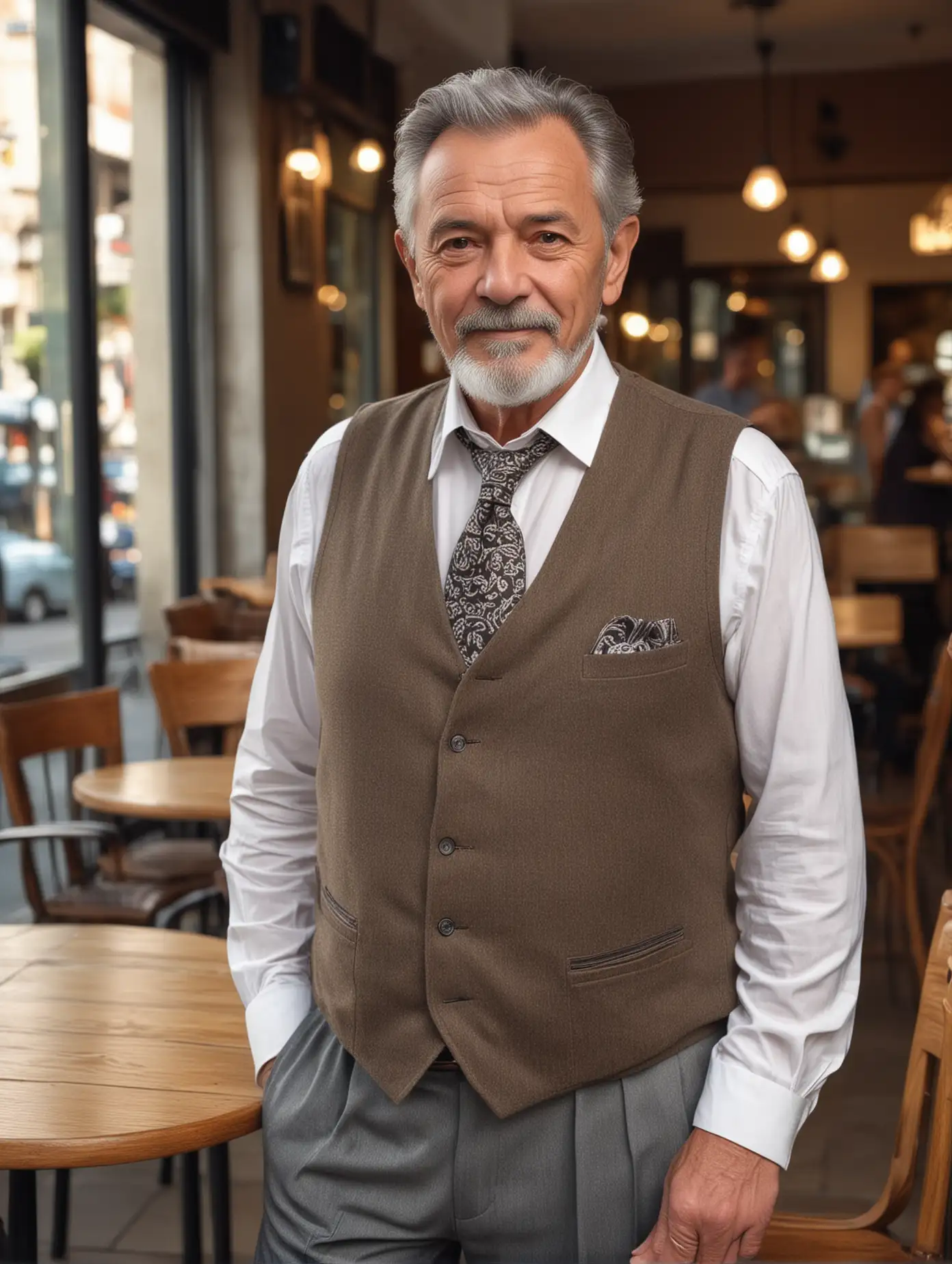 An old man about 54 years old, with gorgeous and fashionable clothes, with the cafe as the background, the camera is in focus, his temperament is elegant, facing the camera, his facial features are exquisite, full body photo