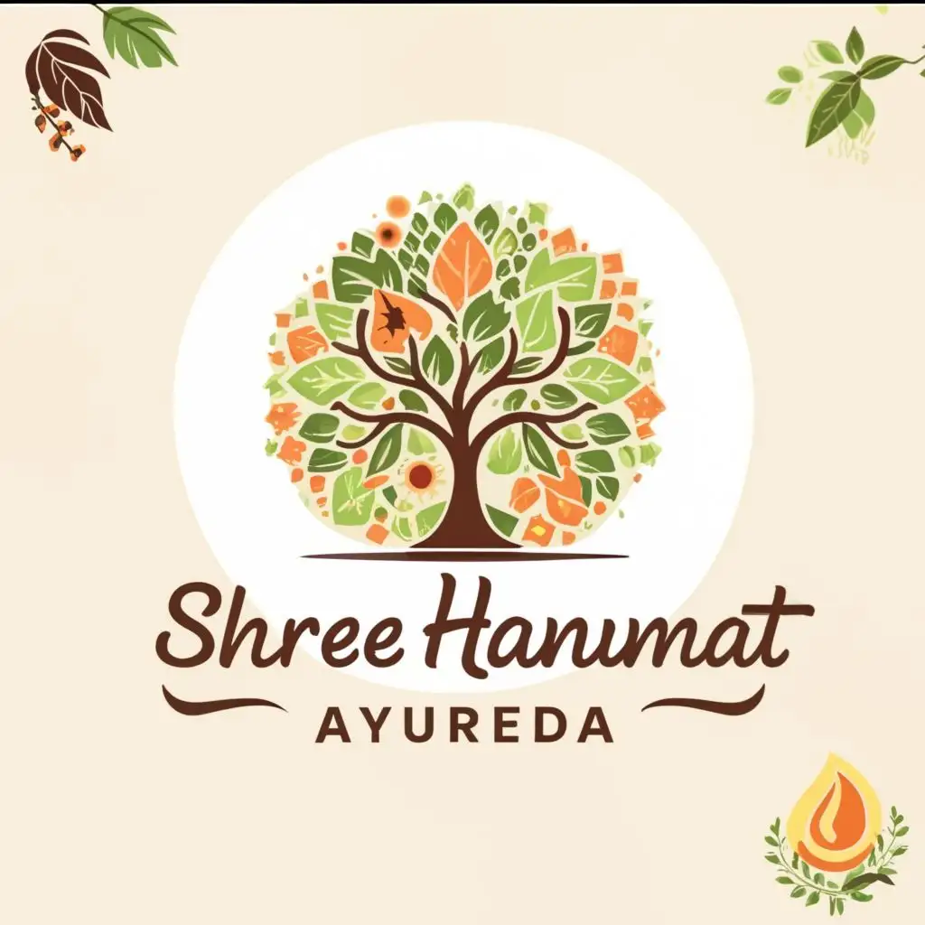 logo, Tree, sun, leafs and herbs, with the text "SHREE HANUMAT AYURVEDA", typography, be used in Retail industry