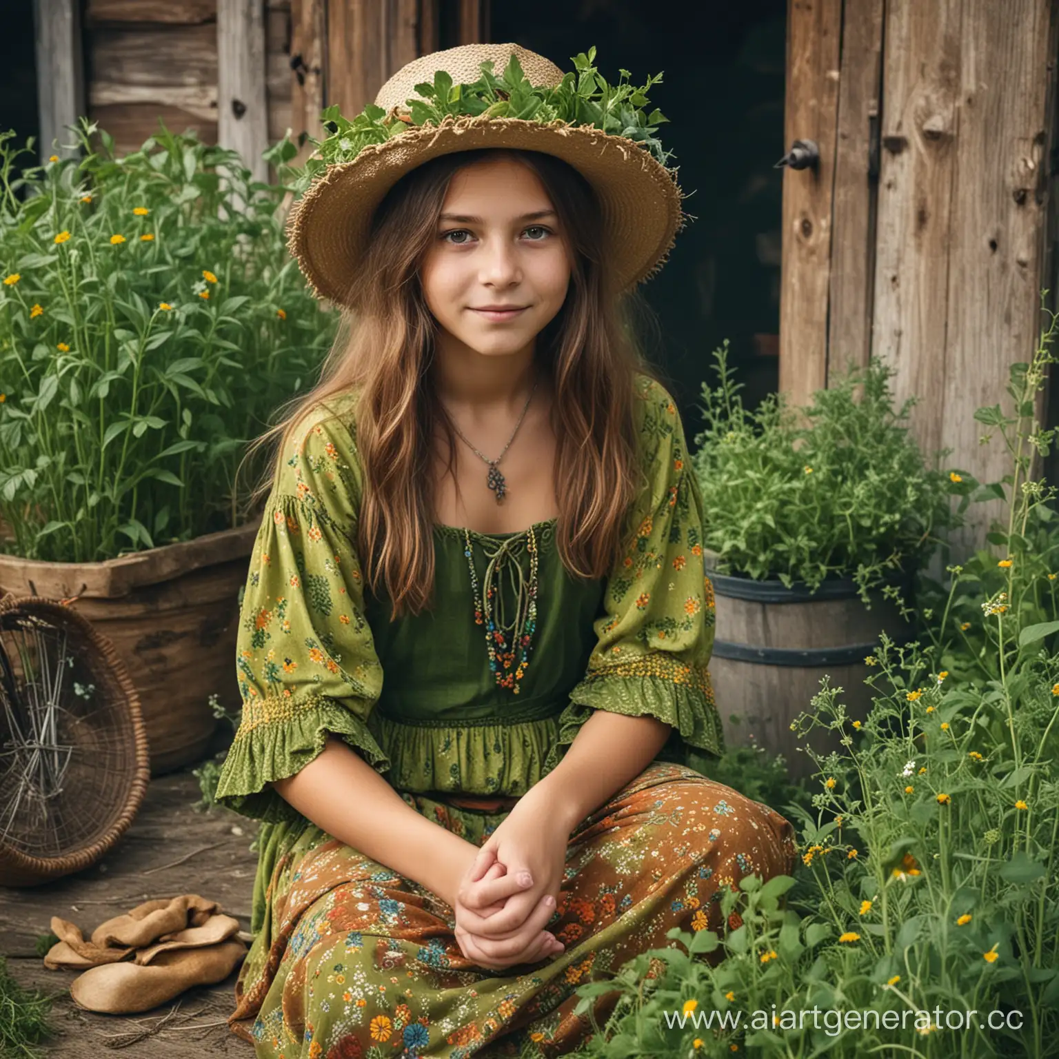 молодая девушка, зеленая ведьма, одевается в стиле хиппи. занимается травами и сборами трав. живет в деревне и имеет маленькую ферму