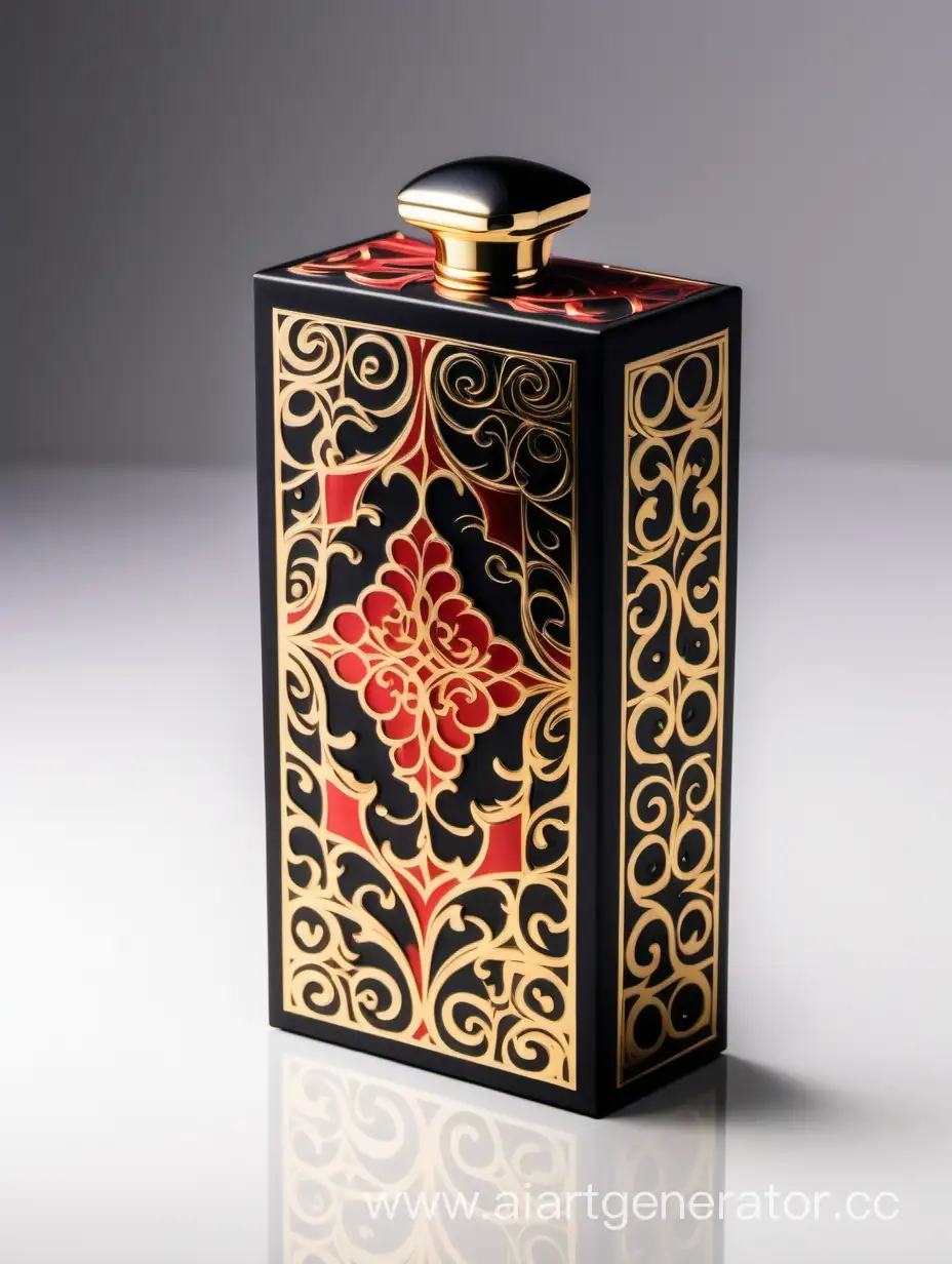 dark matt black and gold Red luxury perfume rectangle vertical box 75% lines with arabesque pattern on white background