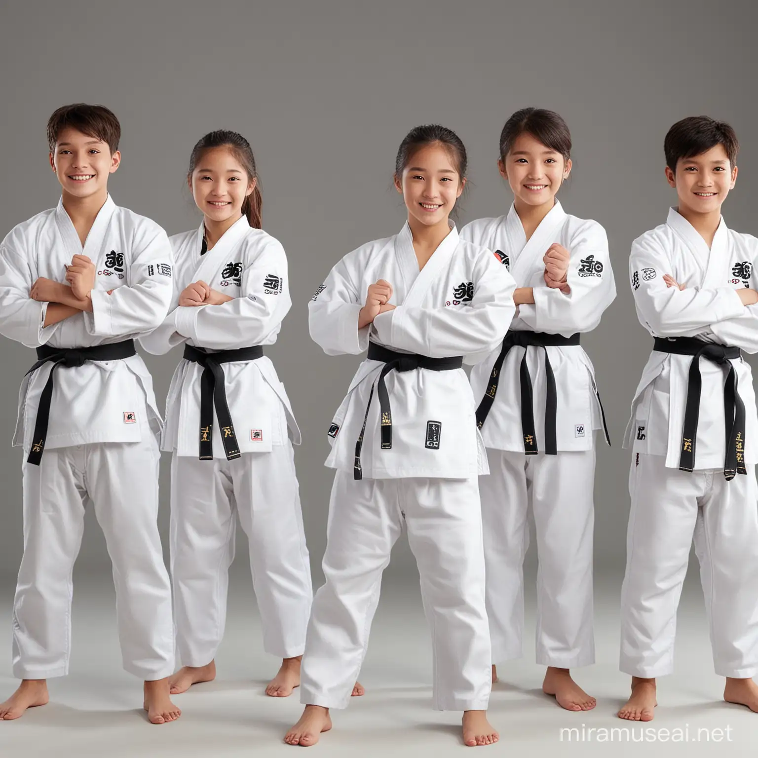 Give me a realistic 16k photo of young taekwondo athletes in white dobok, cheerful mood