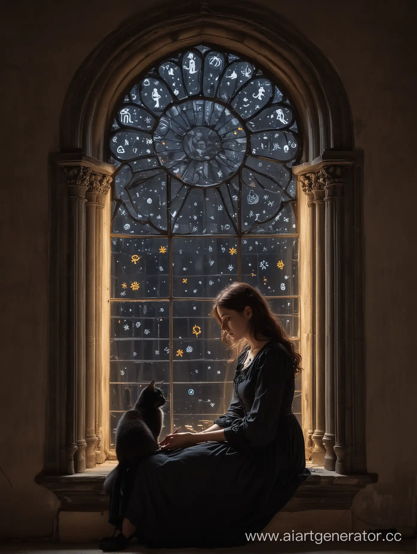 A female astrologer sits in a semi-profile position, her head inclined, illuminated by light from a gothic-style window. A black cat sits on her lap, with symbols in the background.