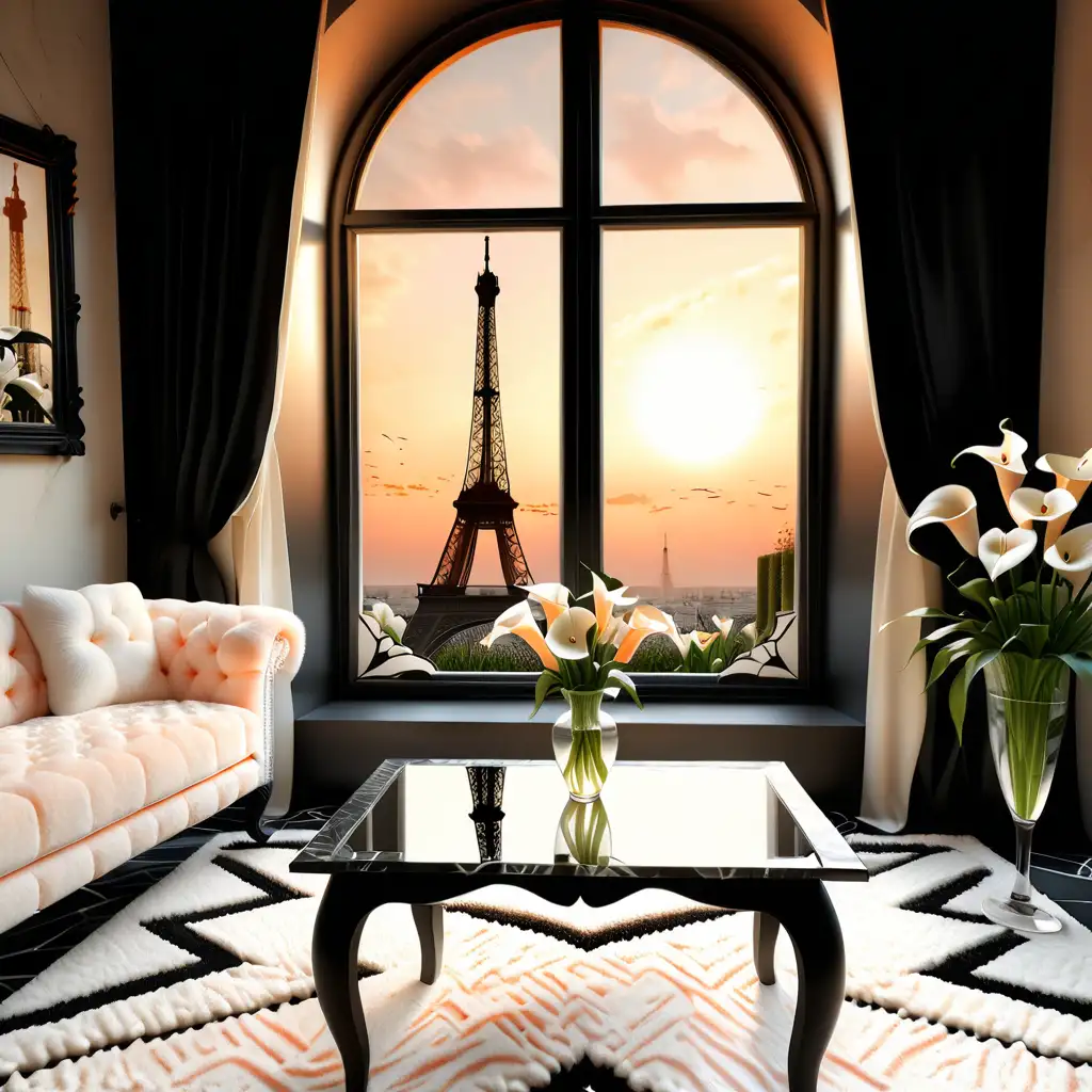 a beautiful window with the sighting of sparkling  Eiffel Tower in the soft peach sunset, the black and white graphic interior, off white furry carpet and a table made of asymmetric stone  with a vase with calla Lillies , very realistic and detailed, art deco inspiration