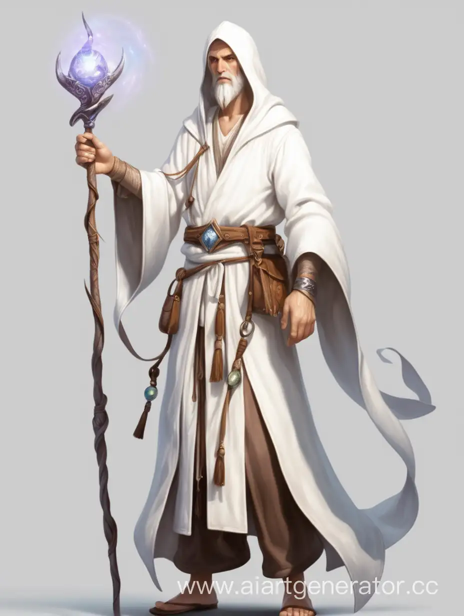soft and kind looking sorcerer with a staff in simple fantasy style. White clothes