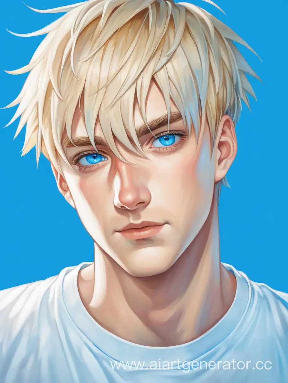 Парень, с голобыми глазами, блондин, с короткой стрижкой, в белой рубашке, на синем фоне