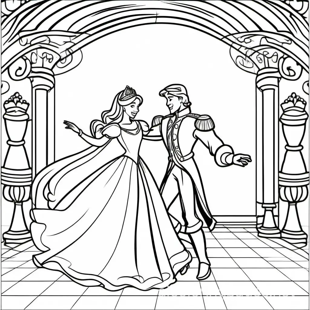 An image of a princess dancing with a prince, Coloring Page, black and white, line art, white background, Simplicity, Ample White Space. The background of the coloring page is plain white to make it easy for young children to color within the lines. The outlines of all the subjects are easy to distinguish, making it simple for kids to color without too much difficulty