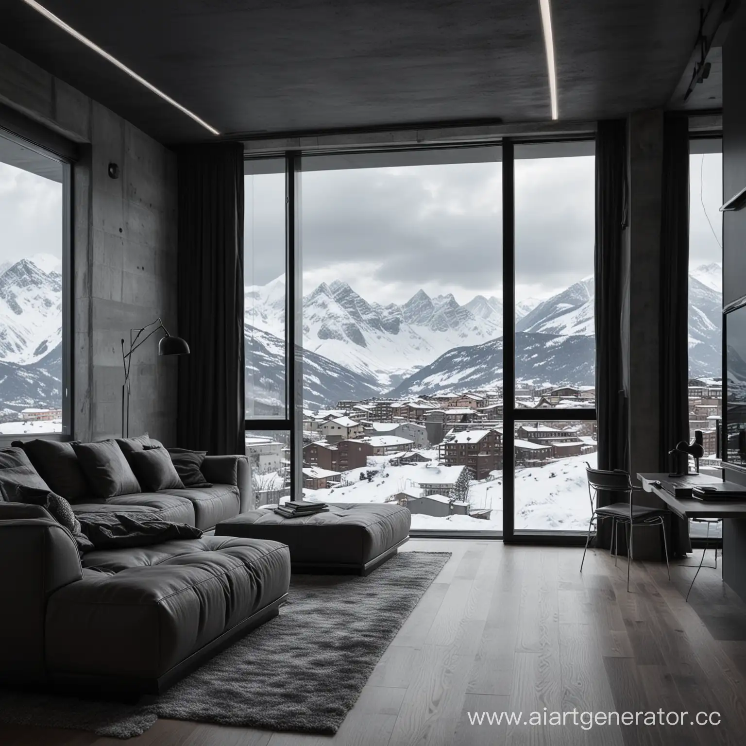 современная футуристическая квартира в темных тонах из окон которой видны заснеженные горы