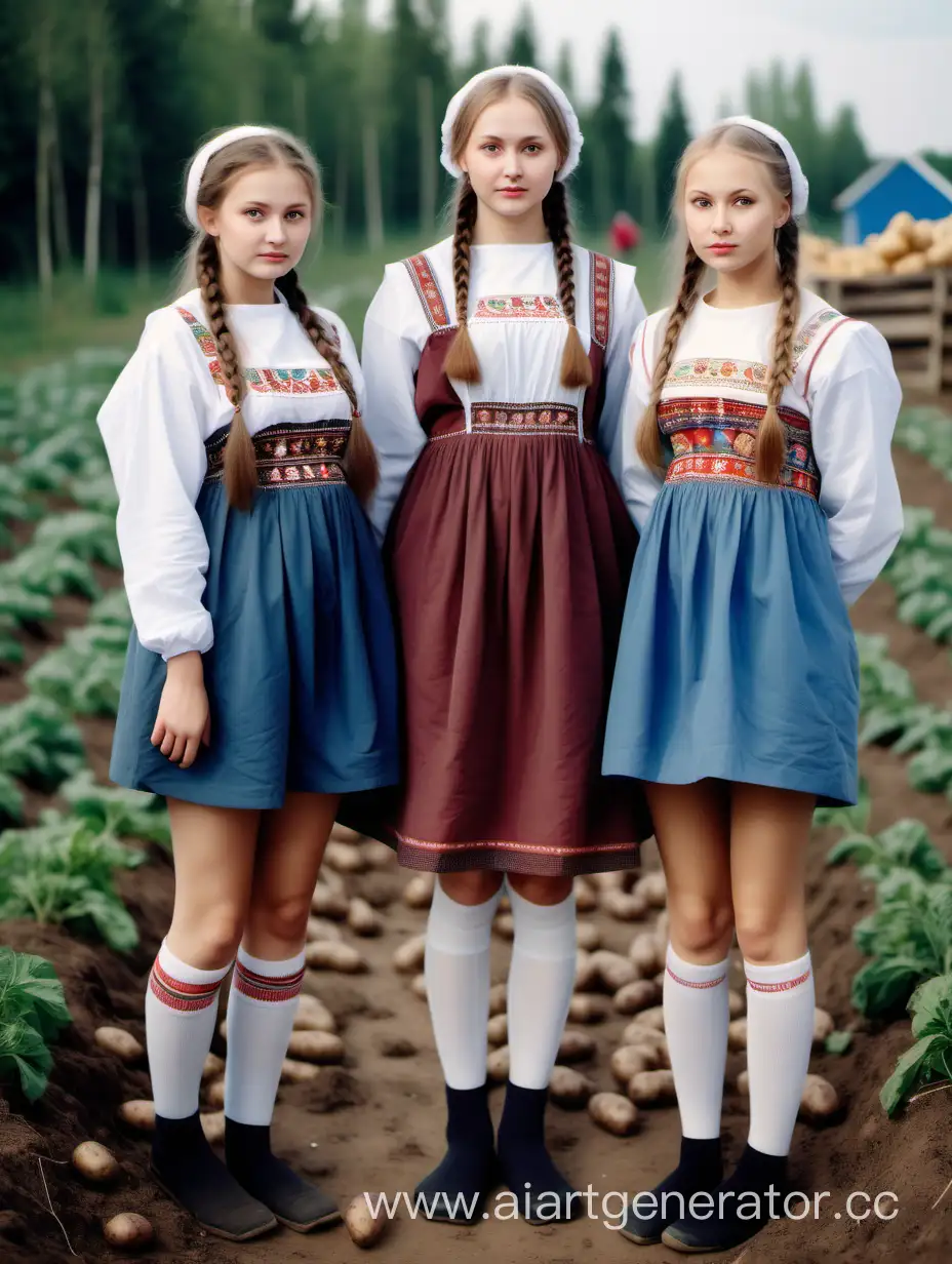 Девушки в спущенных носках и русских национальных мини-платьях с длинными рукавами и косичками и голыми коленями собирают картошку, полный рост