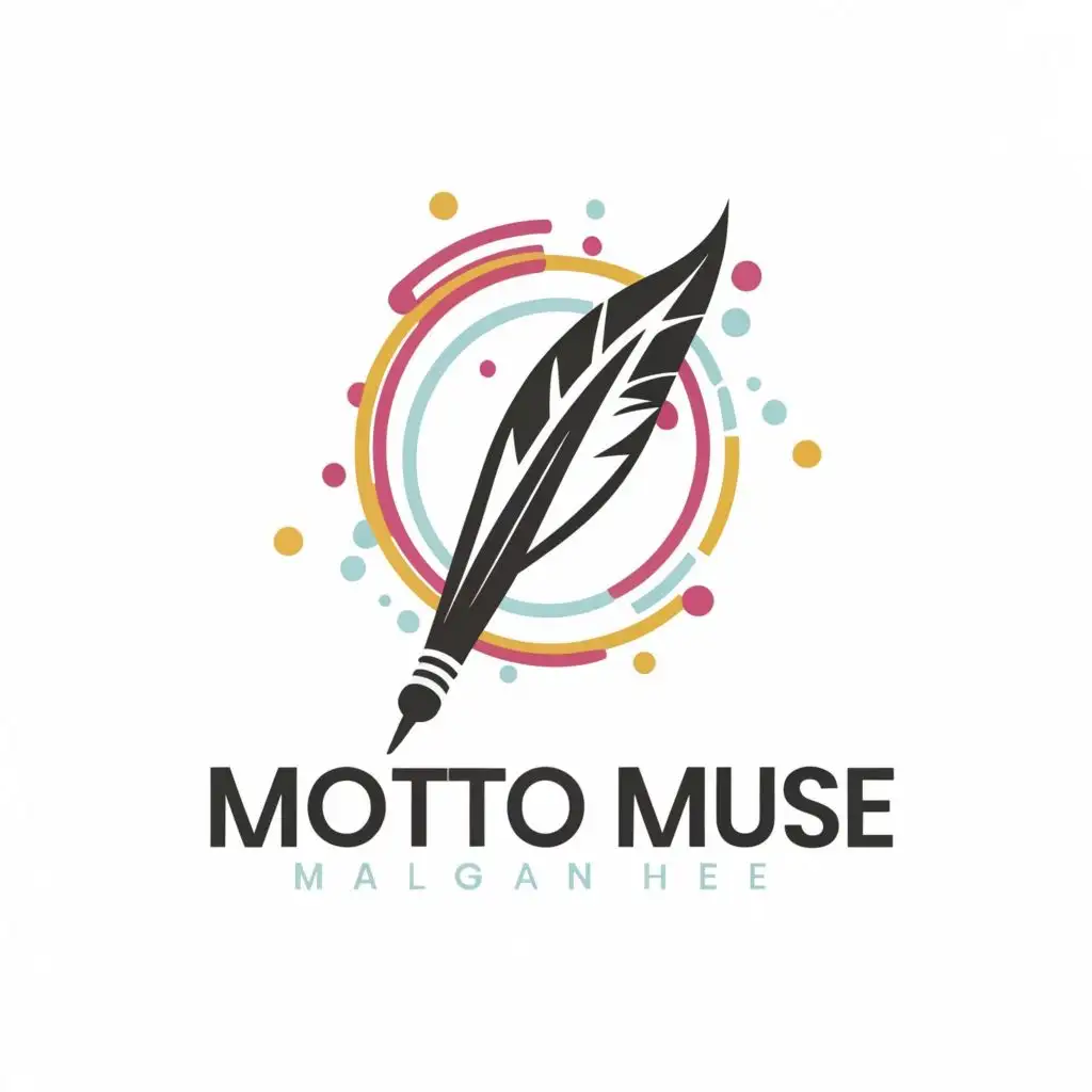 stylized representation of a quill or a pen, symbolizing creativity and expression. Around the pen, there could be swirling lines or sparkles to convey the idea of inspiration and muse. Beneath the pen, the words "Motto Muse" could be written in a clean and modern font, with "Motto" slightly larger or bolder than "Muse" to emphasize the concept of crafting mottos and sparking creativity. The overall color scheme could include vibrant hues like deep blue or purple to evoke imagination and energy. Make it Vibrant color