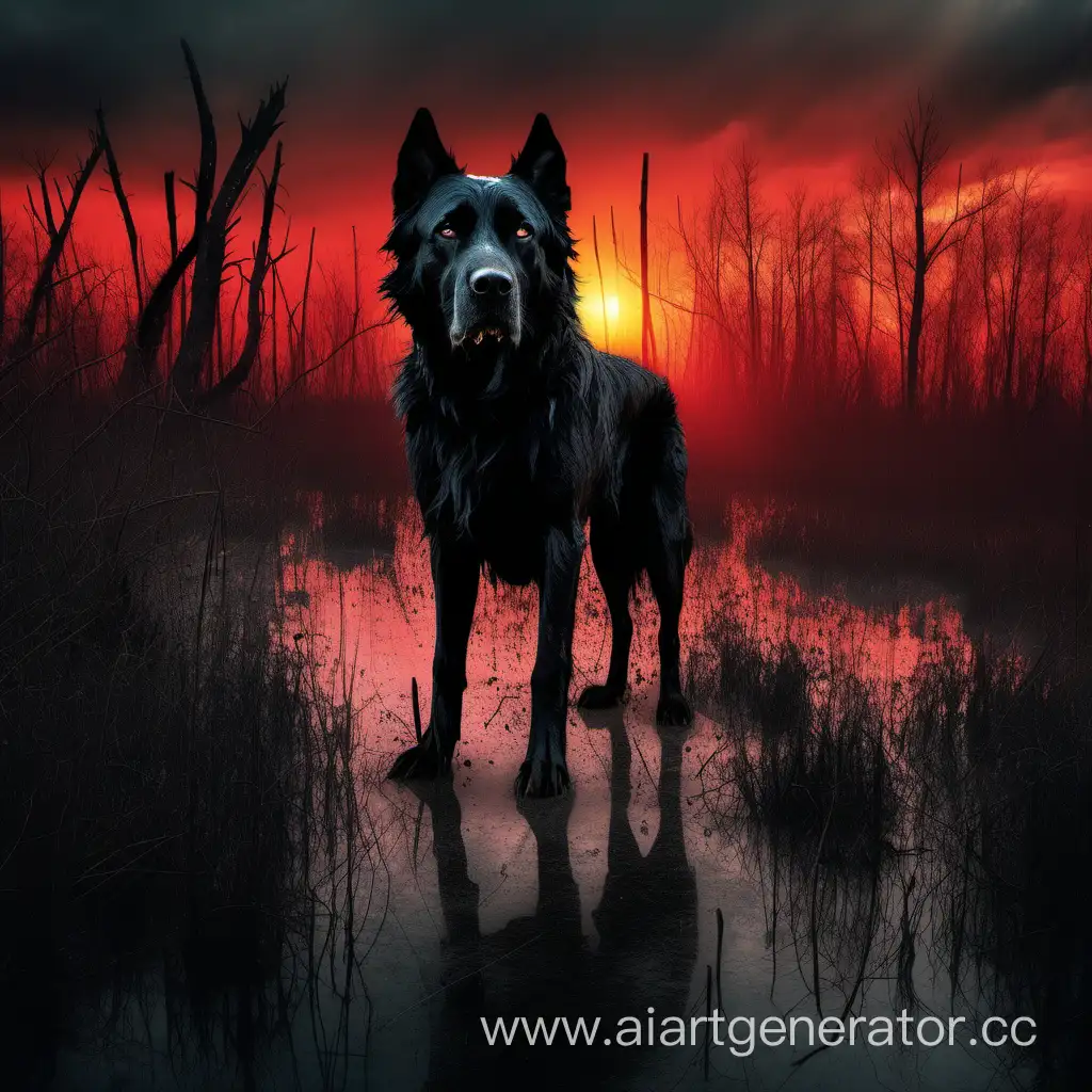 A huge, black dog, terrible and ferocious, stands against the backdrop of a desolate swamp landscape. Bloody sunset.