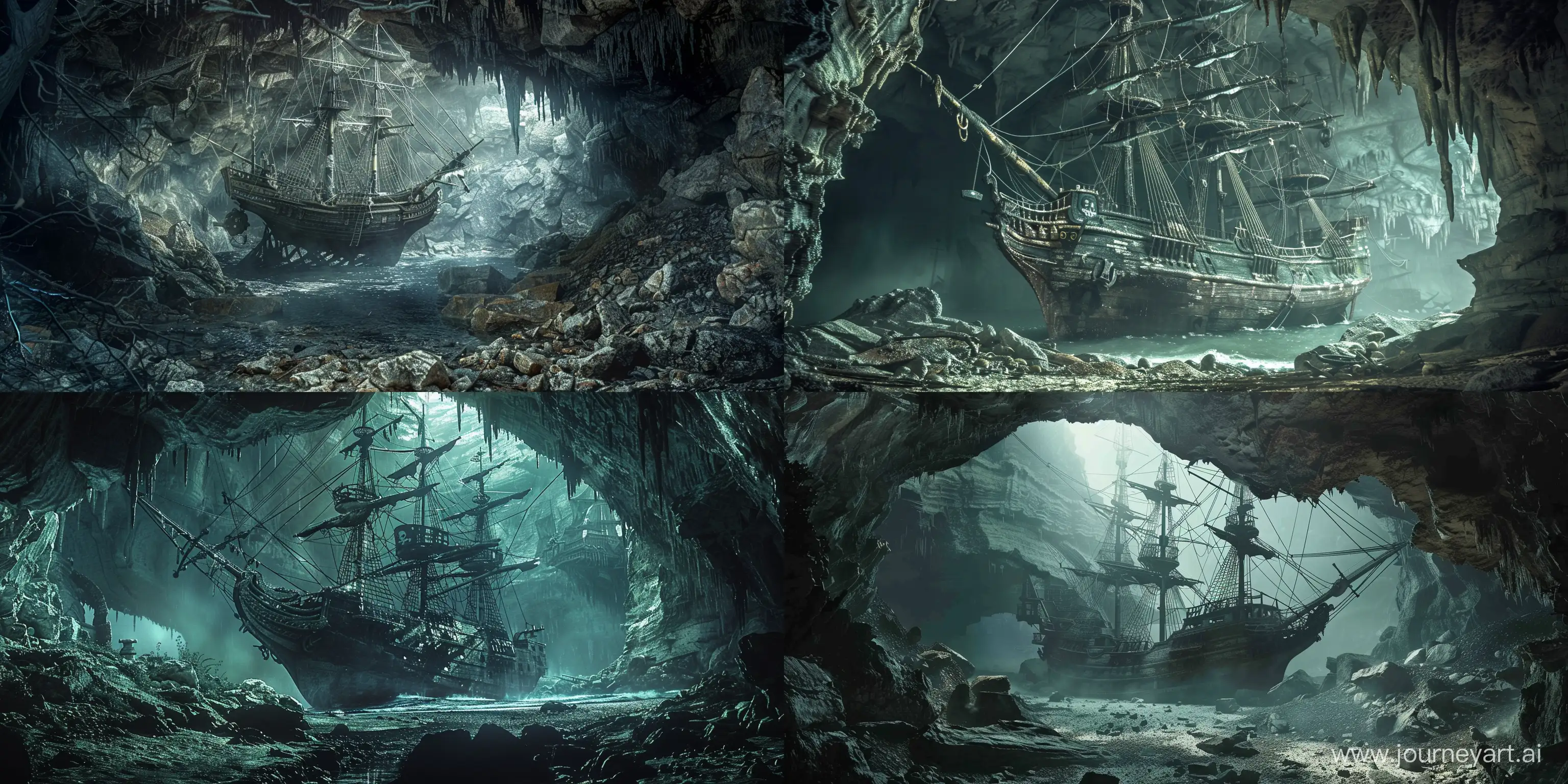 abandoned pirate ship in a cave, gloomy dark fantasy landscape, high resolution, detail picture, --ar 2:1