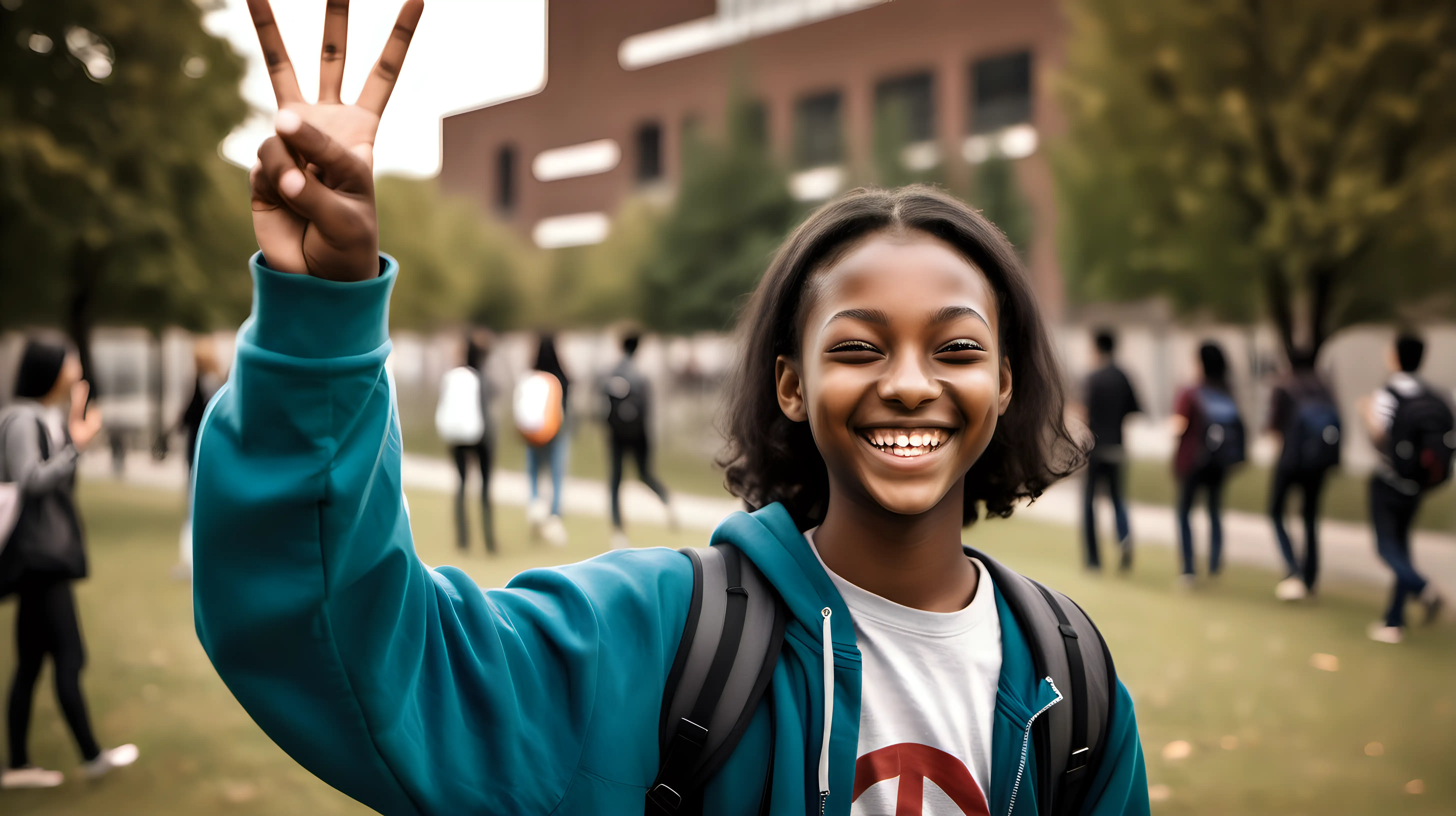 Triumphant Student Celebrating Success with Peace Sign Gesture