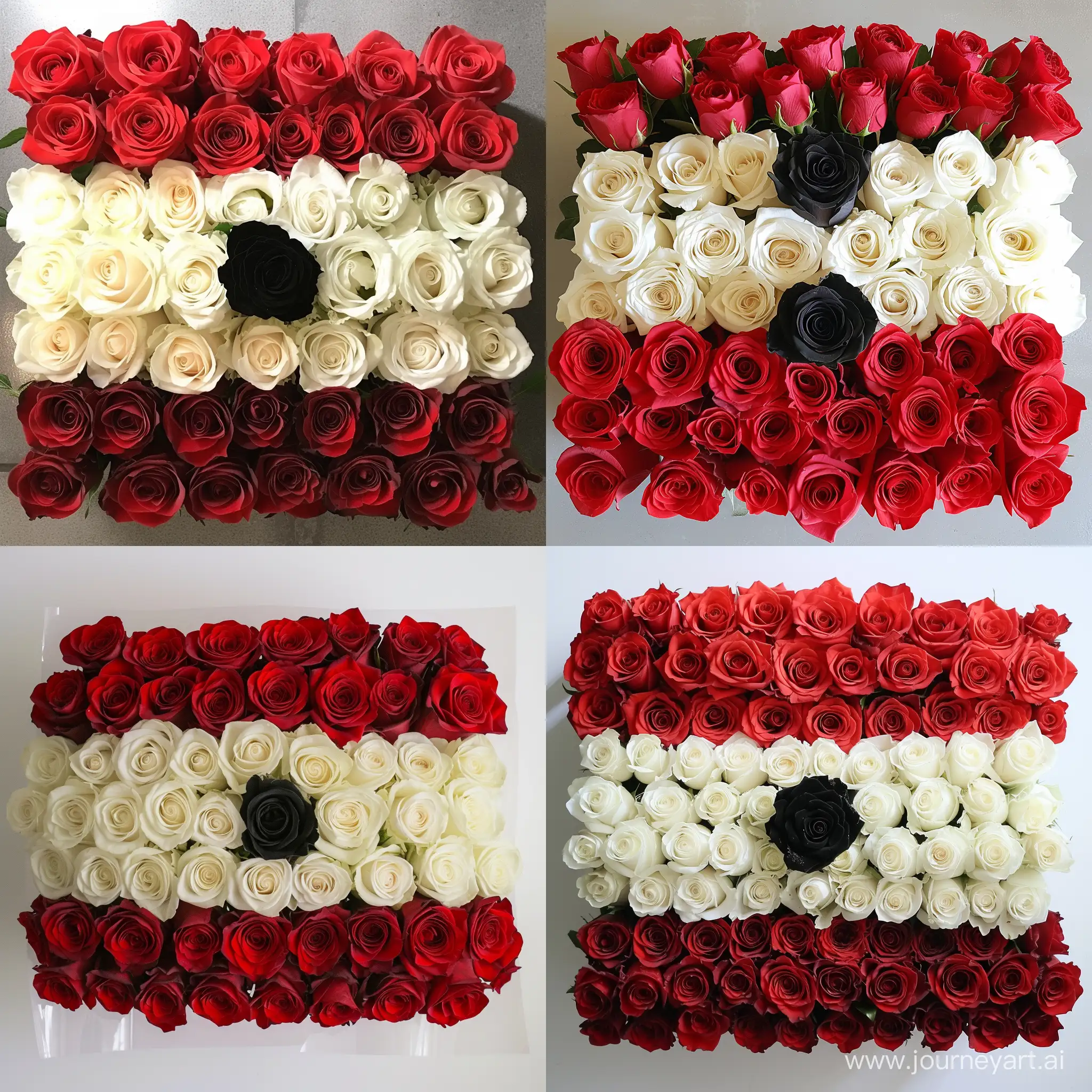 bouquet of flowers arranged as 2 x 3 x 2 with red roses on top, white roses in middle row (with a black rose in the middle), and red roses on bottom