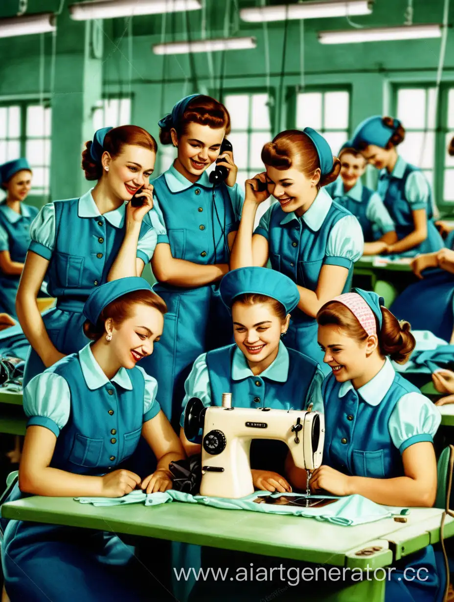 российские швей 5 человек одеты в униформу швейной фабрики. каждая швея звонит по телефону , деловые выражения лиц и счастливо улыбаются
