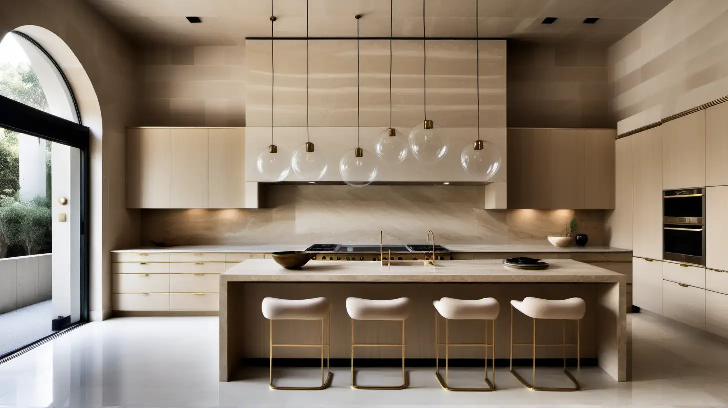 grand Minimalist Kitchen with double height ceilings; limed oak cabnets, travertine, brass; beige walls;

